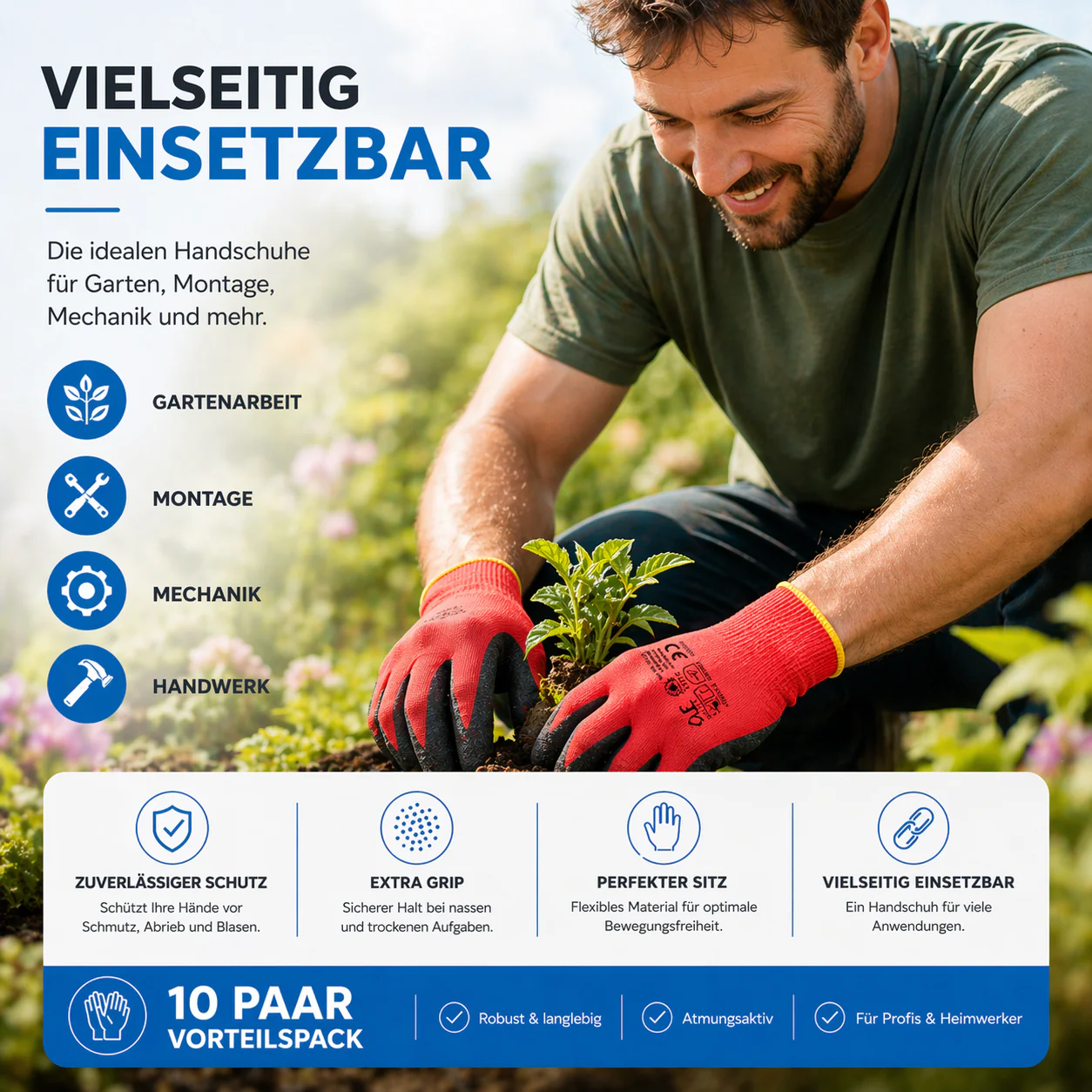 10x Paar Arbeitshandschuhe Herren EN388 rot - Garten-/ Mechaniker Handschuhe - Gr. 10-11 (L/ XL) - Image 3