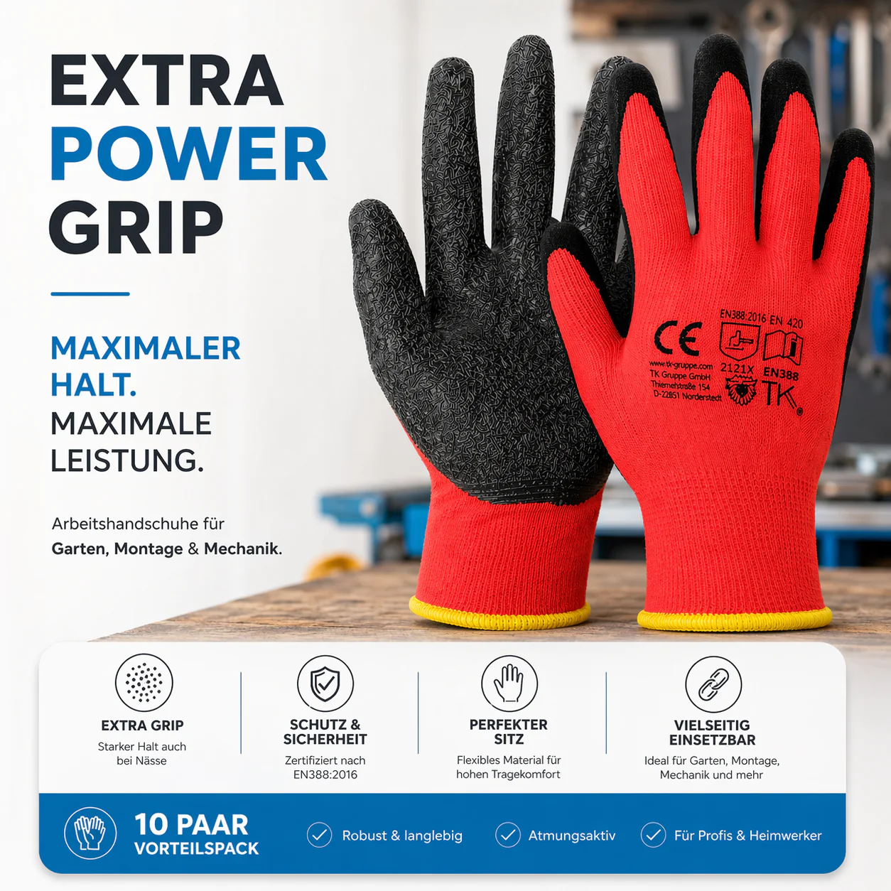 10x Paar Arbeitshandschuhe Herren EN388 rot - Garten-/ Mechaniker Handschuhe - Gr. 10-11 (L/ XL) - Image 8