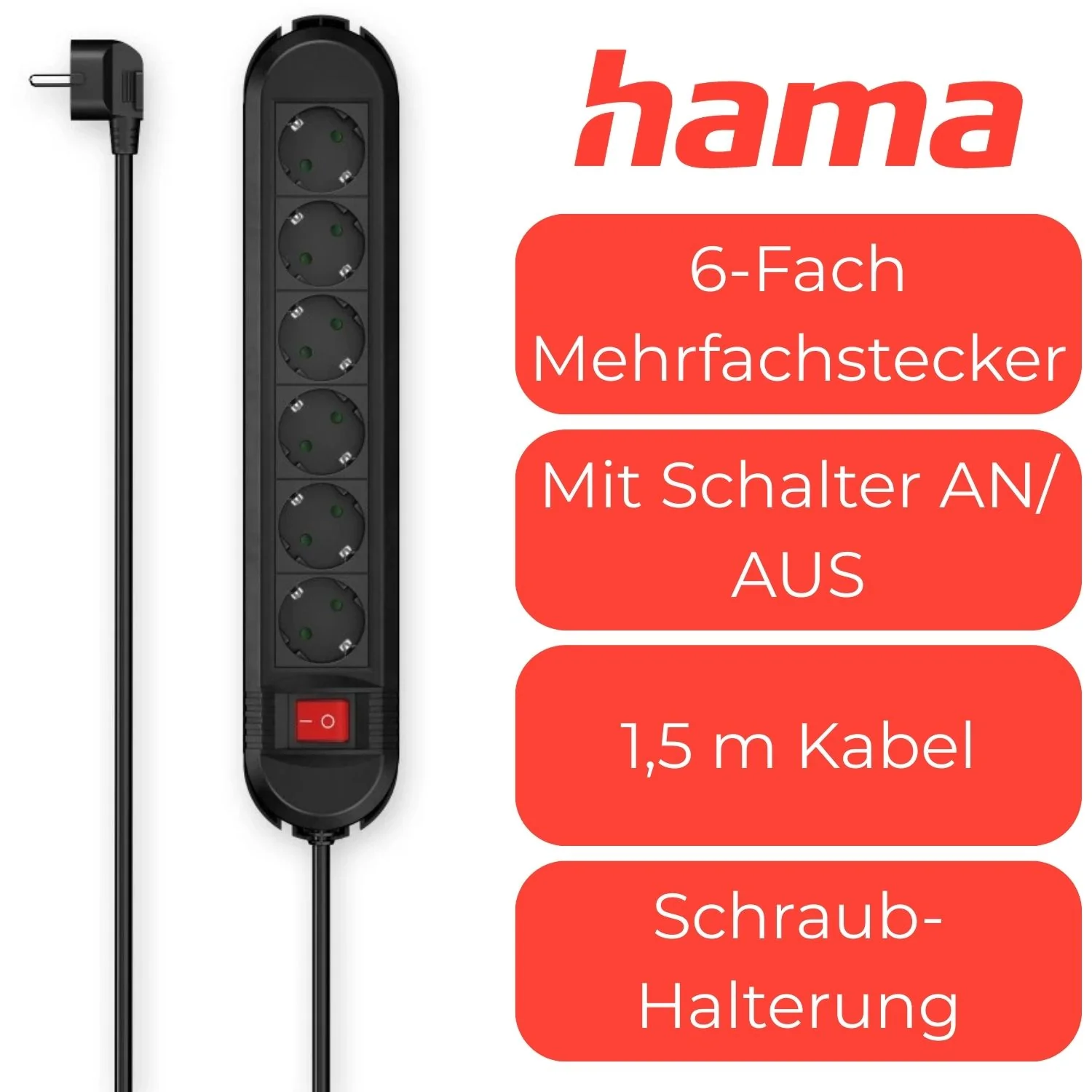 6-fach Steckdosenleiste mit Schalter 1,5m Schwarz - Image 2