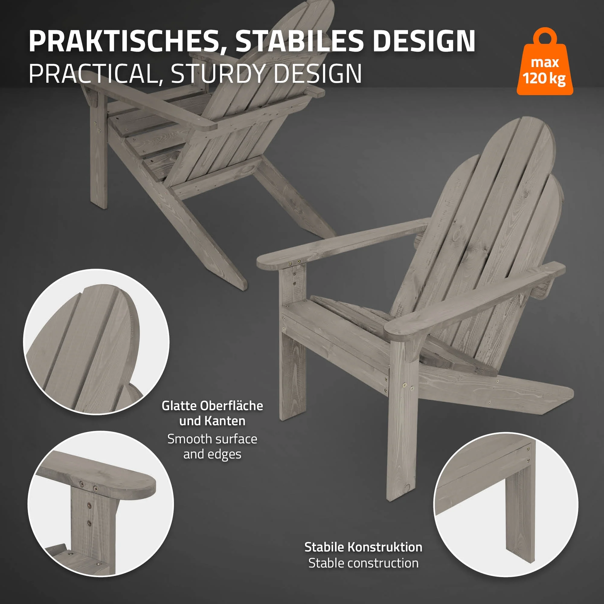 Adirondack-Stuhl aus Tannenholz Massiv, 92,5x70x89 cm, Grau - Image 4
