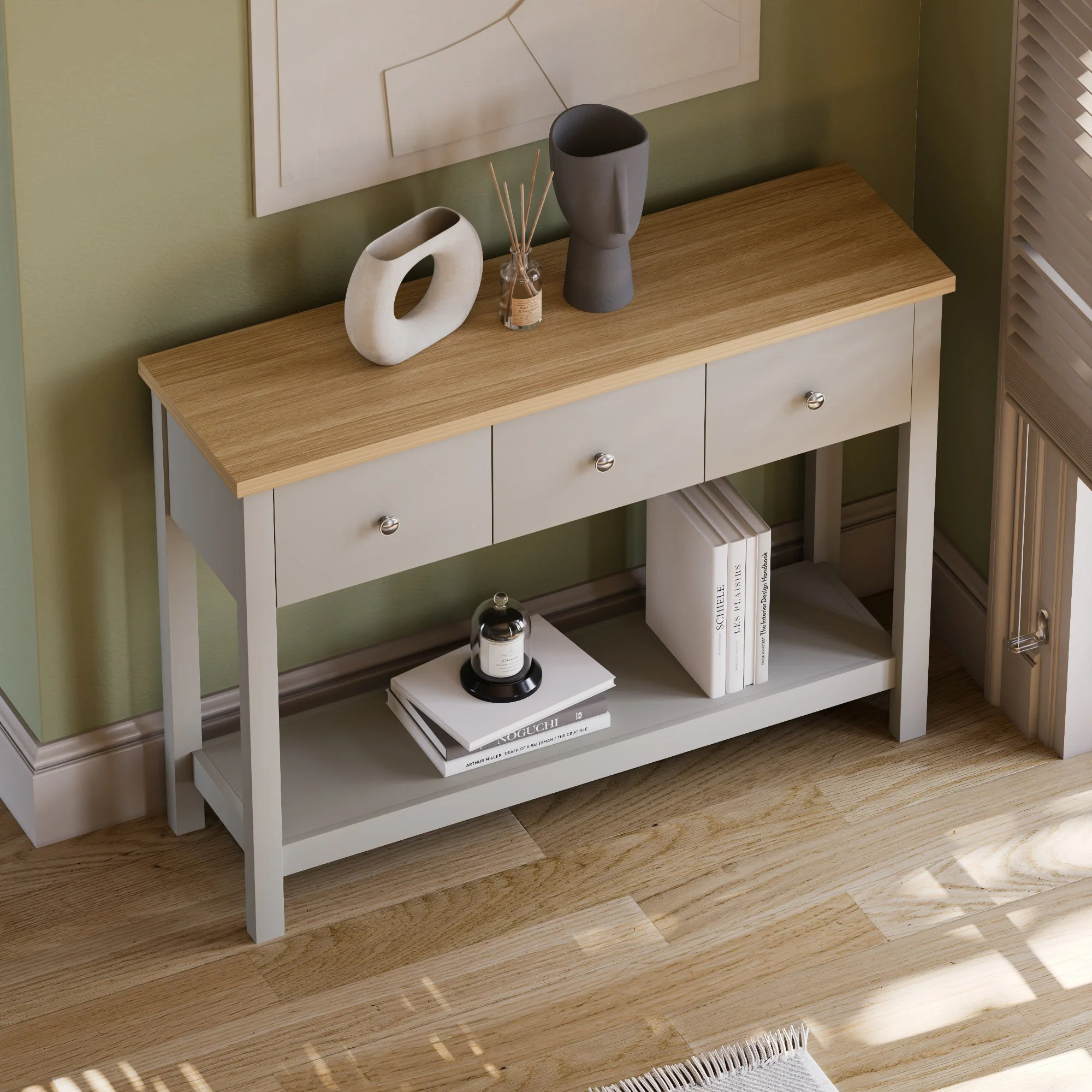 Arlington Konsolentisch in Weiß & Eiche mit 3 Schubladen und Ablageboden – Wohnzimmer & Flurmöbel - Image 4