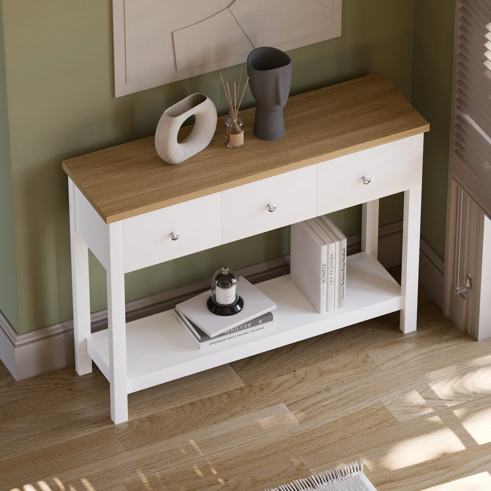 Arlington Konsolentisch in Weiß & Eiche mit 3 Schubladen und Ablageboden – Wohnzimmer & Flurmöbel - Image 9