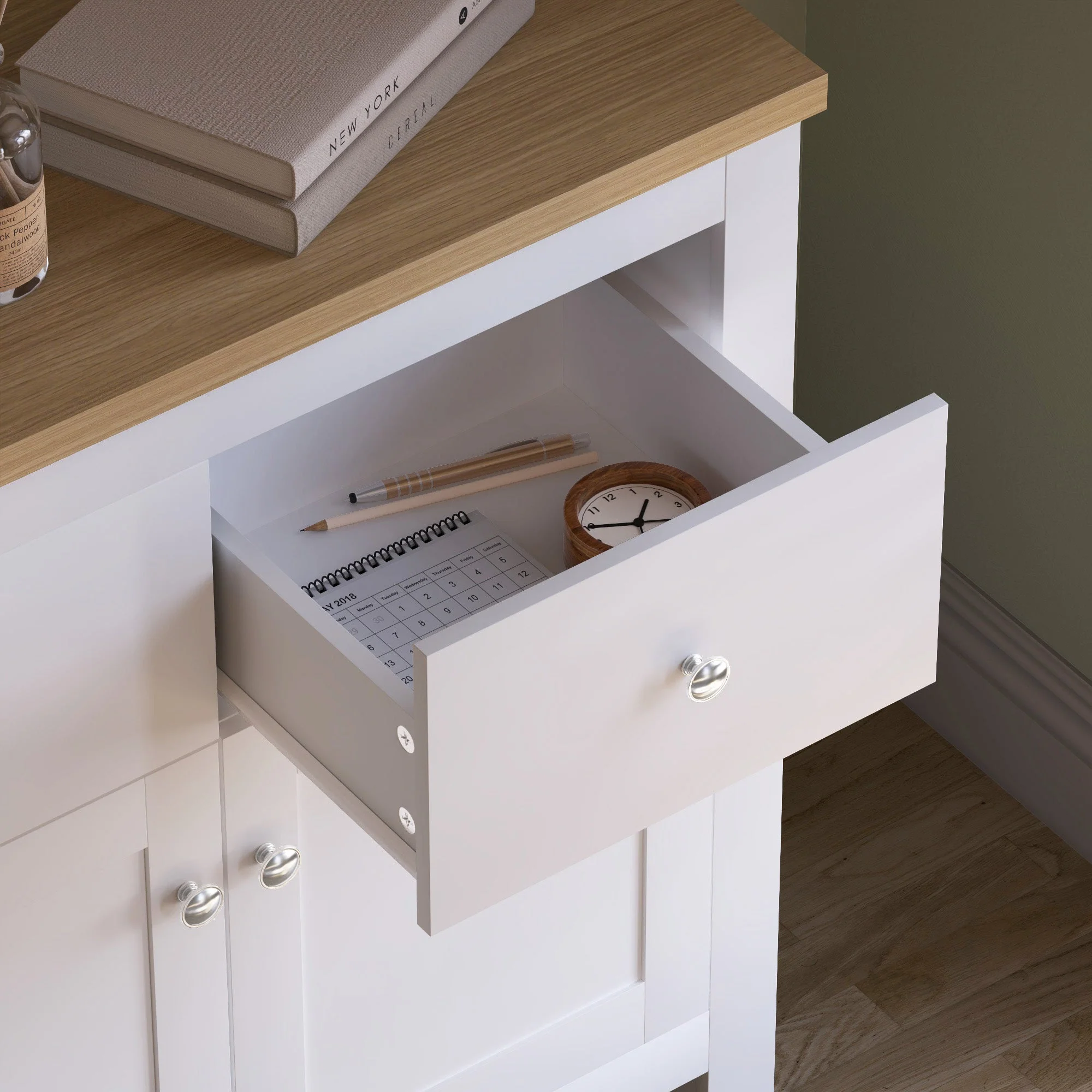 Arlington Sideboard – Weiß & Eiche – 2 Schubladen, 2 Türen – Buffet, Anrichte, Aufbewahrungsschrank - Image 12