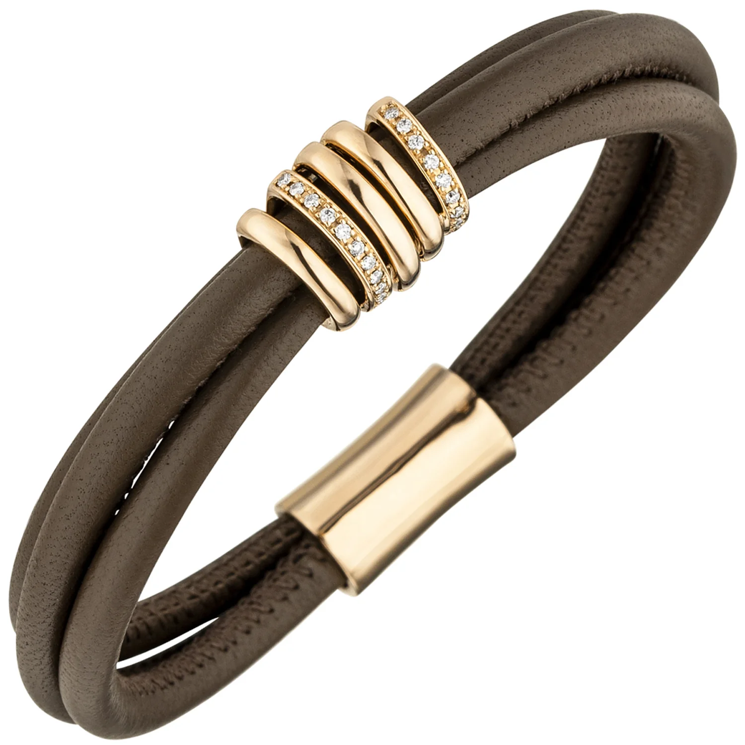 Armband 3-reihig Leder taupe mit 585 Gold Rotgold 34 Diamanten Brillanten 0,24ct - Image 2