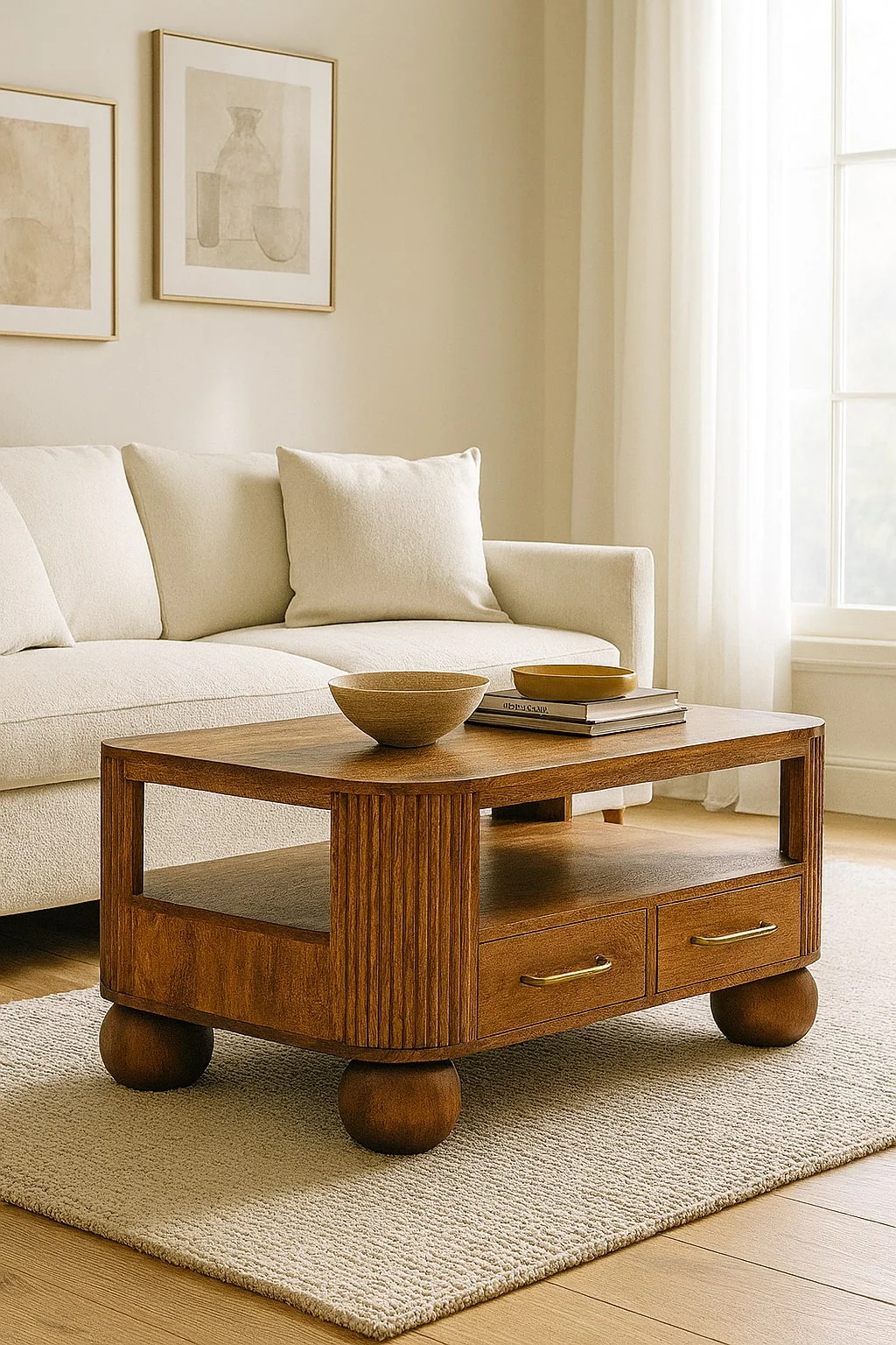 Artisan Furniture Massivholz Briarwood gerillter Couchtisch, 2 Schubladen, 1 Regal, Beige - Image 2