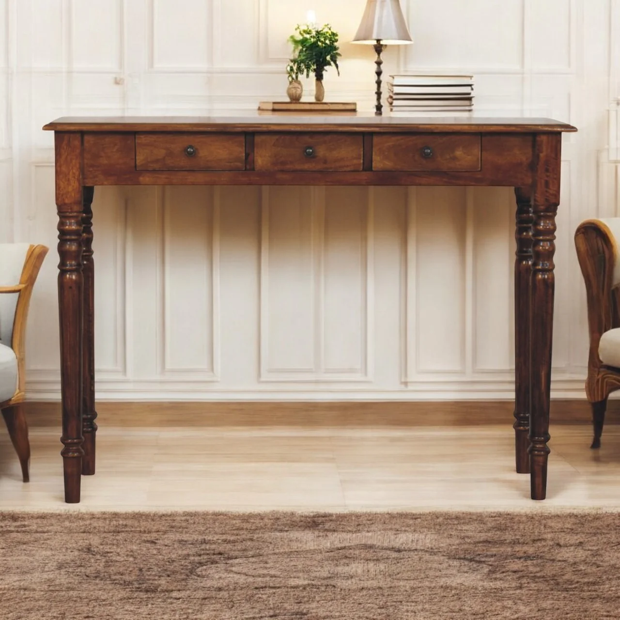 Artisan Furniture Massivholz gedrehte Beine 3-Schubladen Kastanien Konsole, Braun - Image 2