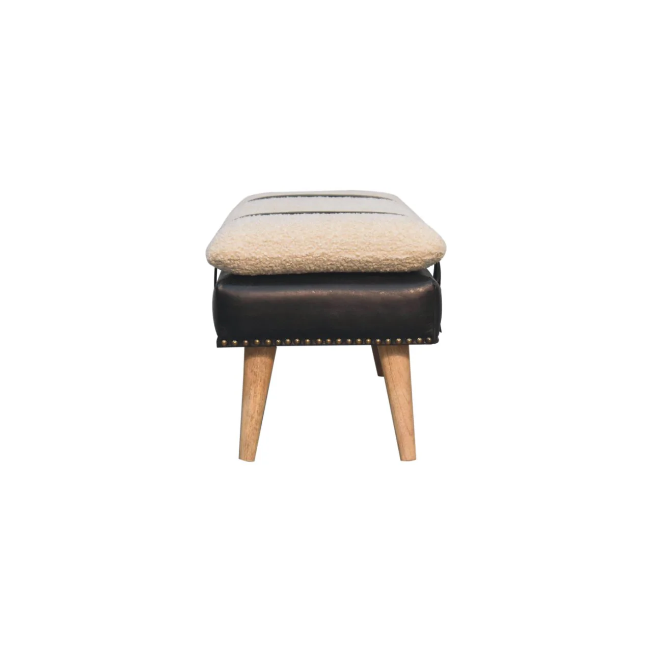 Artisan Furniture Massivholz gepolsterte Bouclé Buffalo Hide schwarze Lederbank, Braun & Creme - Image 10