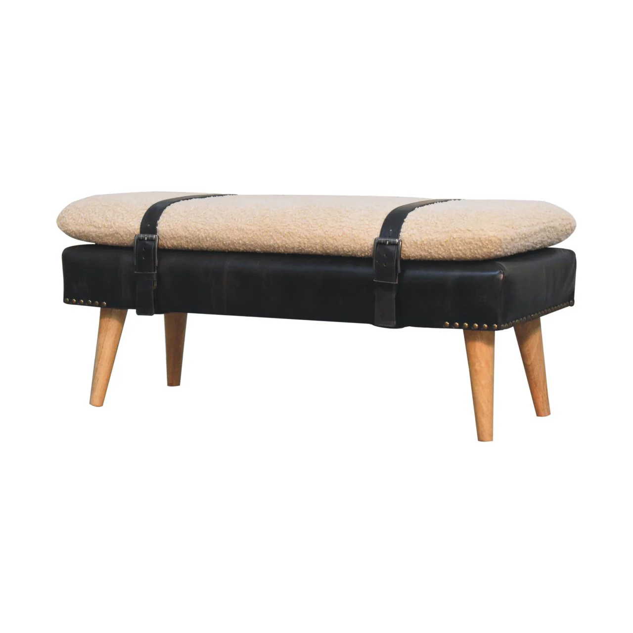 Artisan Furniture Massivholz gepolsterte Bouclé Buffalo Hide schwarze Lederbank, Braun & Creme - Image 5
