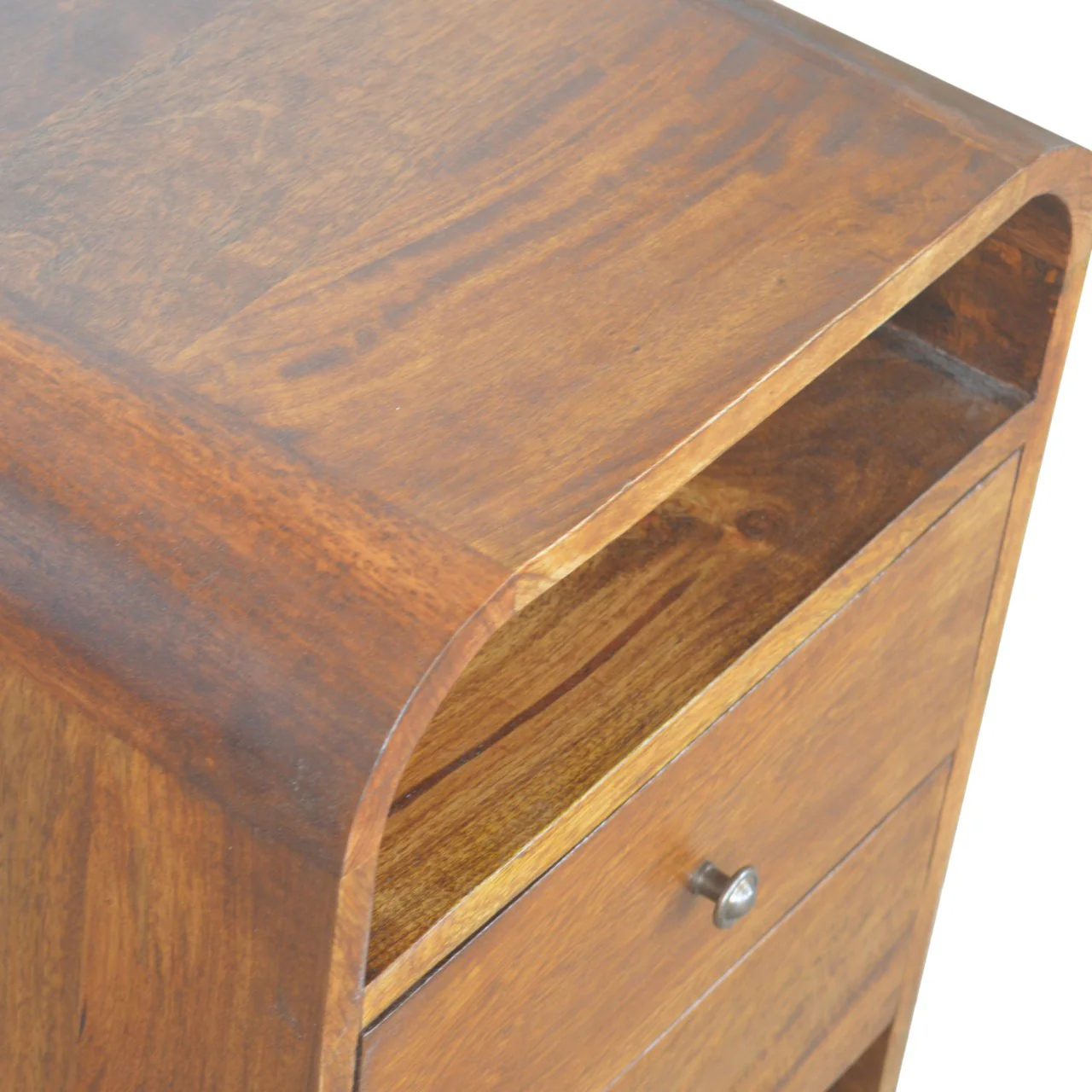 Artisan Furniture Massivholz Kastanien gebogener Nachttisch mit 2 Schubladen, 2 offenen Fächern - Image 6