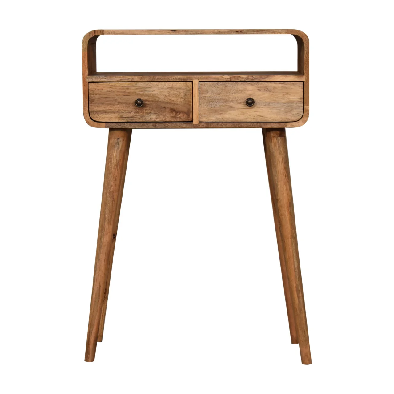 Artisan Furniture Massivholz Mini gebogener eichenähnlicher Konsolentisch, 2 Schubladen, 1 Regal