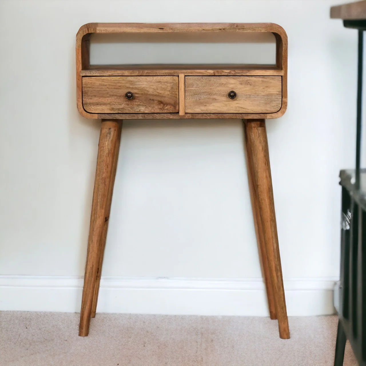 Artisan Furniture Massivholz Mini gebogener eichenähnlicher Konsolentisch, 2 Schubladen, 1 Regal - Image 5
