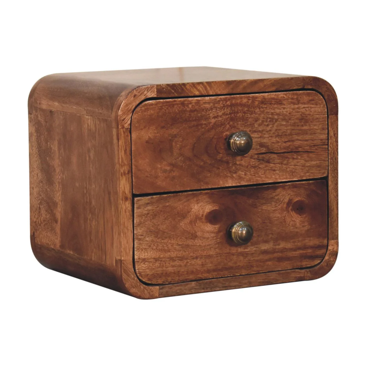 Artisan Furniture Massivholz Mini gebogener Honig-Karamell wandmontierter Nachttisch, 2 Schubladen - Image 5