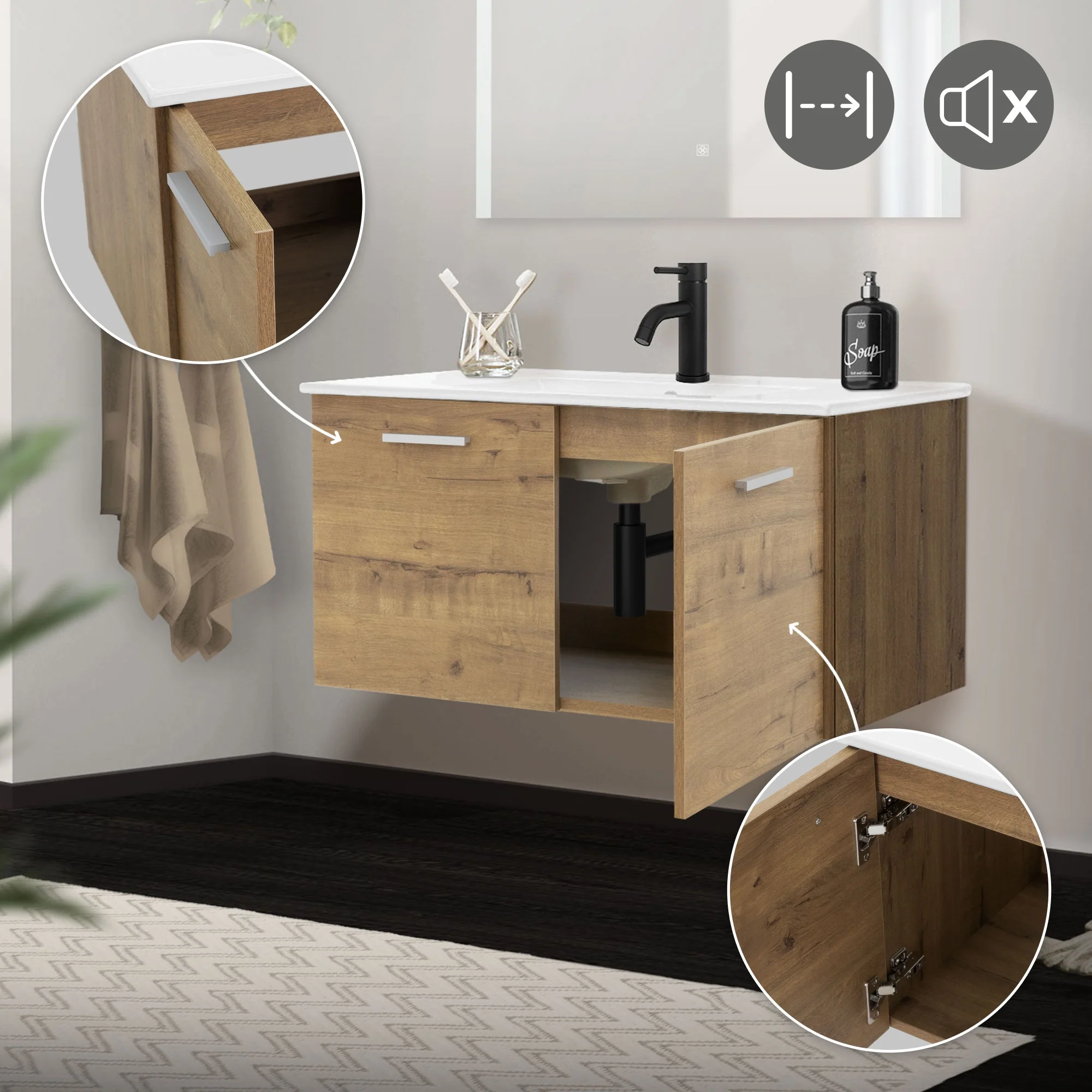 Badmöbel-Set 2-teilig, Roteiche, Unterschrank 89x45x42 cm, MDF, Waschbecken 91 cm - Image 5