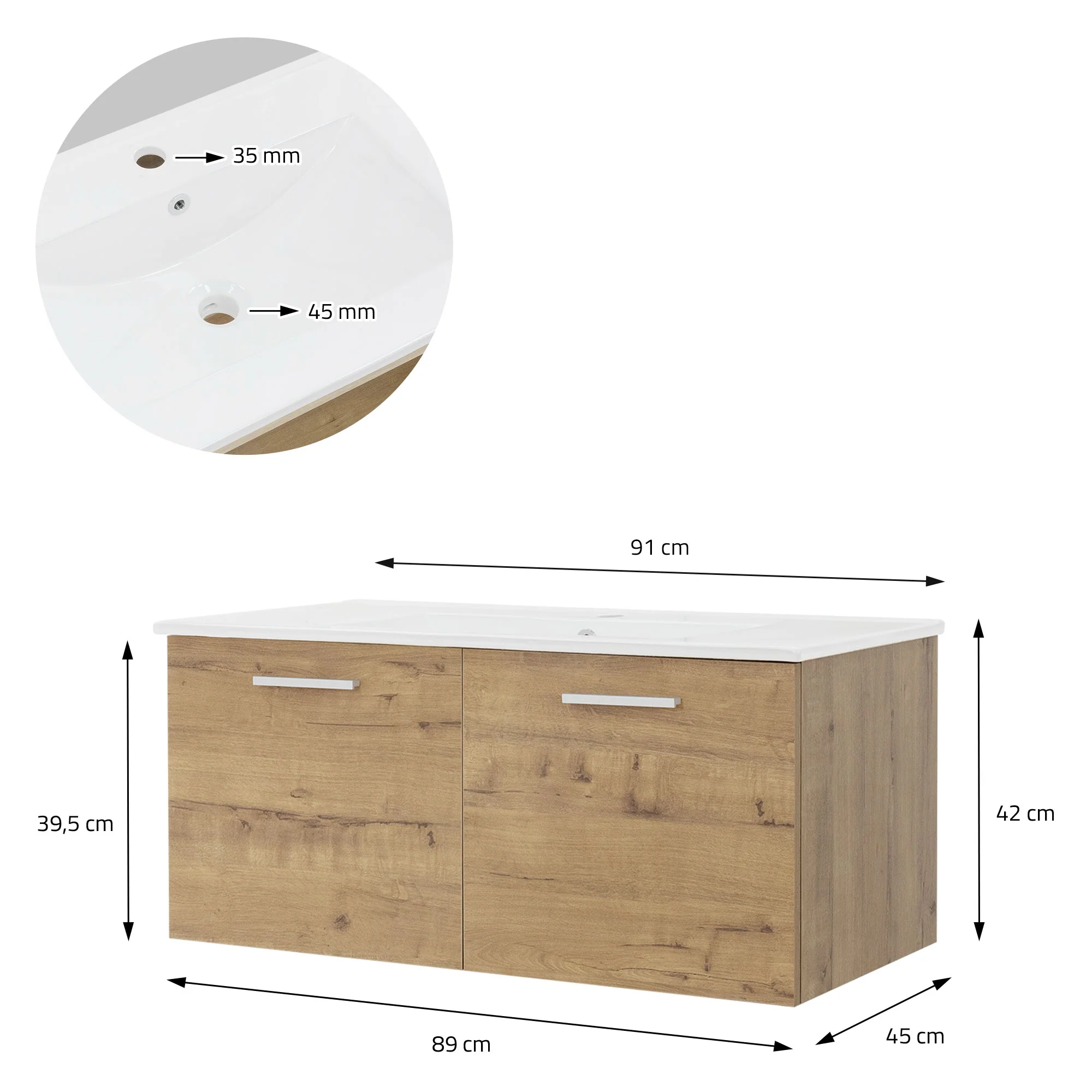 Badmöbel-Set 2-teilig, Roteiche, Unterschrank 89x45x42 cm, MDF, Waschbecken 91 cm - Image 6