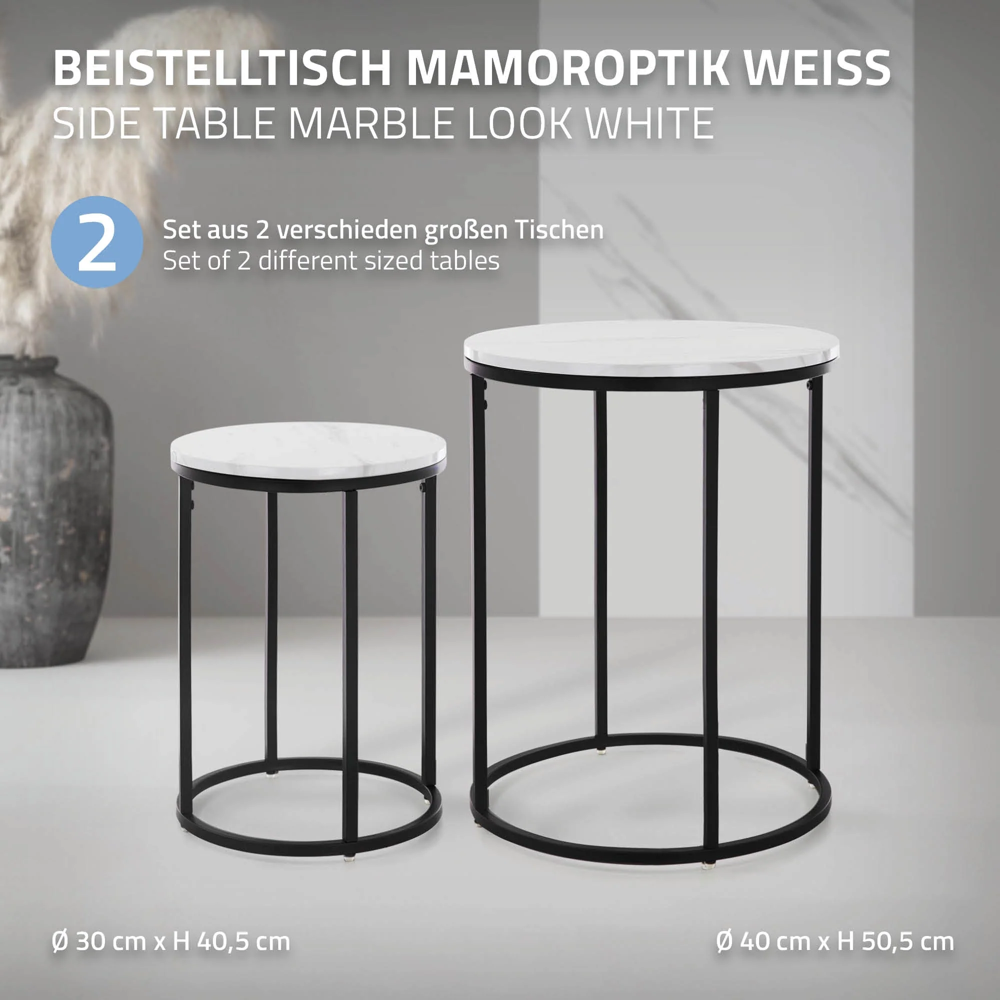 Beistelltisch 2er Set Schwarz/Weiß aus Metall und Holz in Marmoroptik ML-Design - Image 2