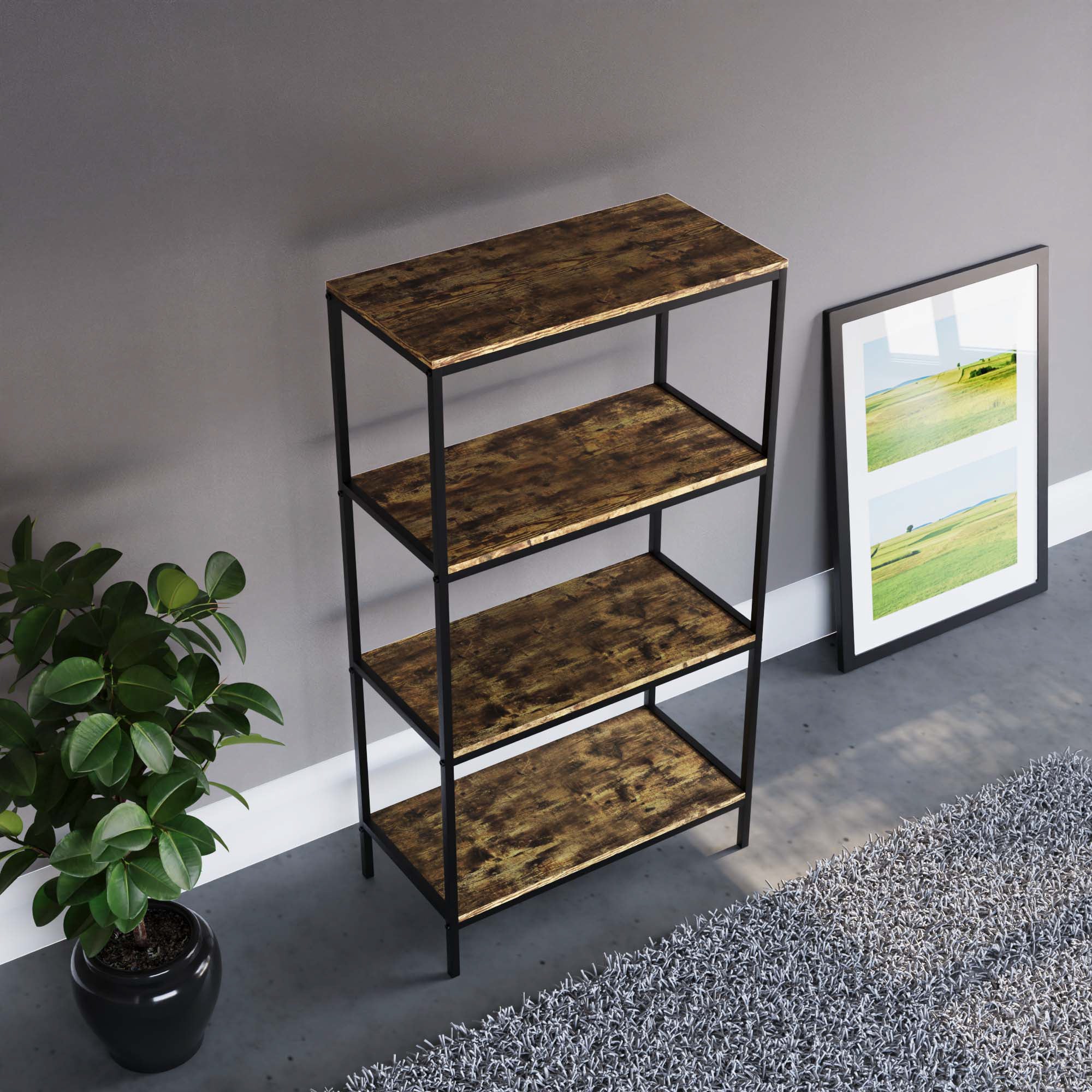 Brooklyn Bücherregal mit 4 Ebenen aus dunklem Holz – Industrielles Regal mit Ablagefächern - Image 7