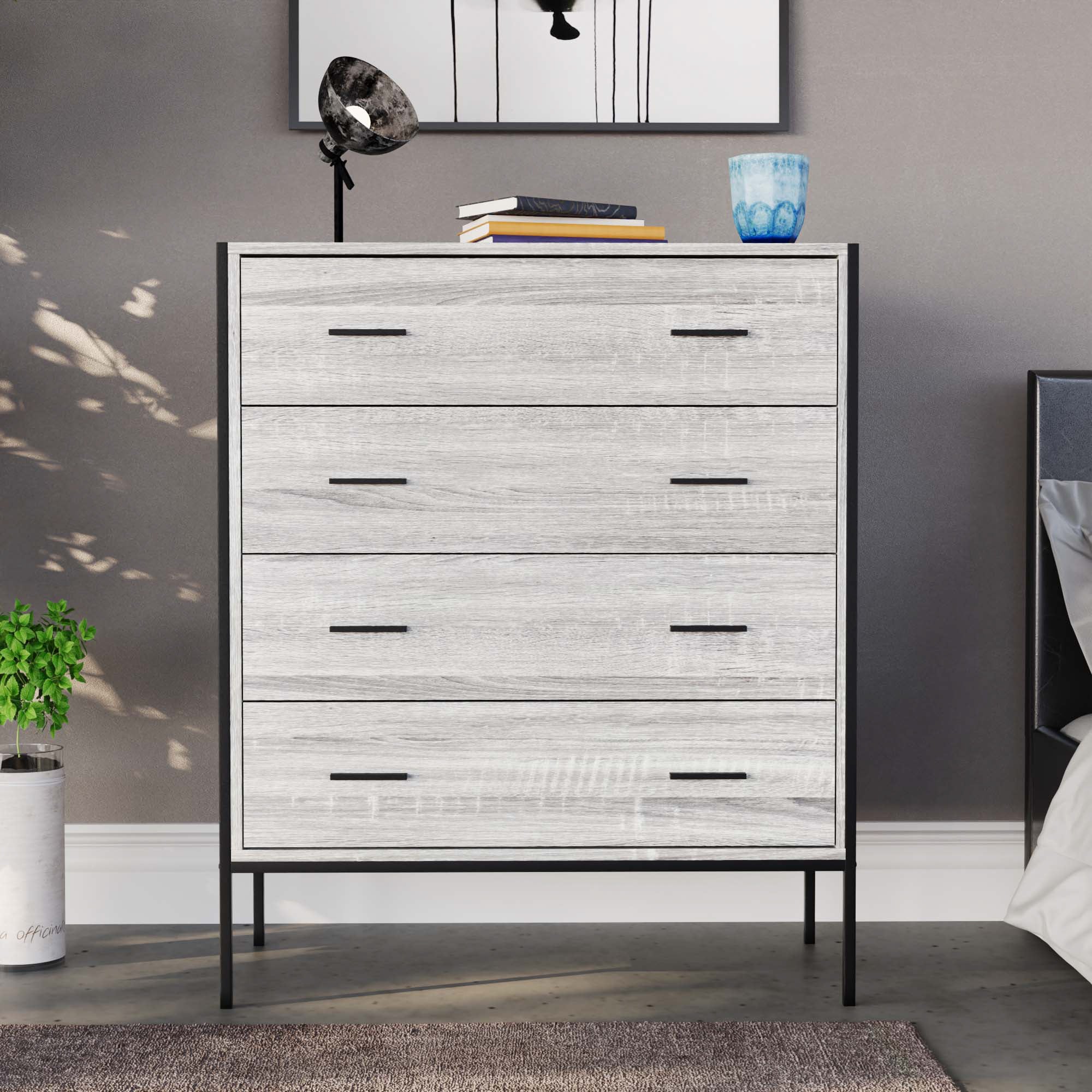Brooklyn Kommode aus grauem Holz mit 4 Schubladen, Metallgriffen und -schienen – Schlafzimmermöbel - Image 10