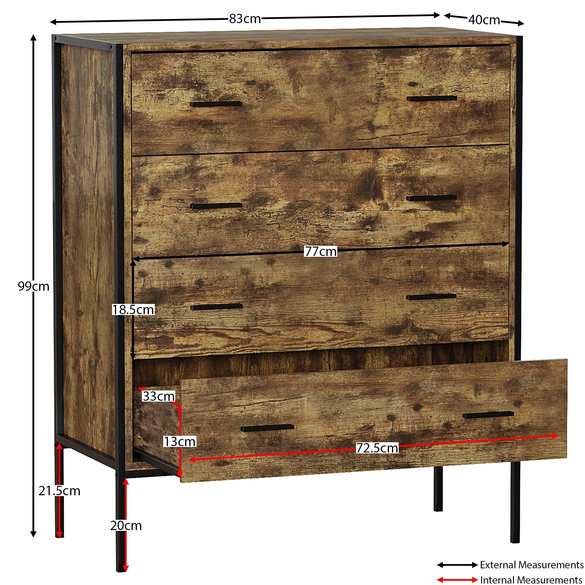Brooklyn Kommode aus grauem Holz mit 4 Schubladen, Metallgriffen und -schienen – Schlafzimmermöbel - Image 3