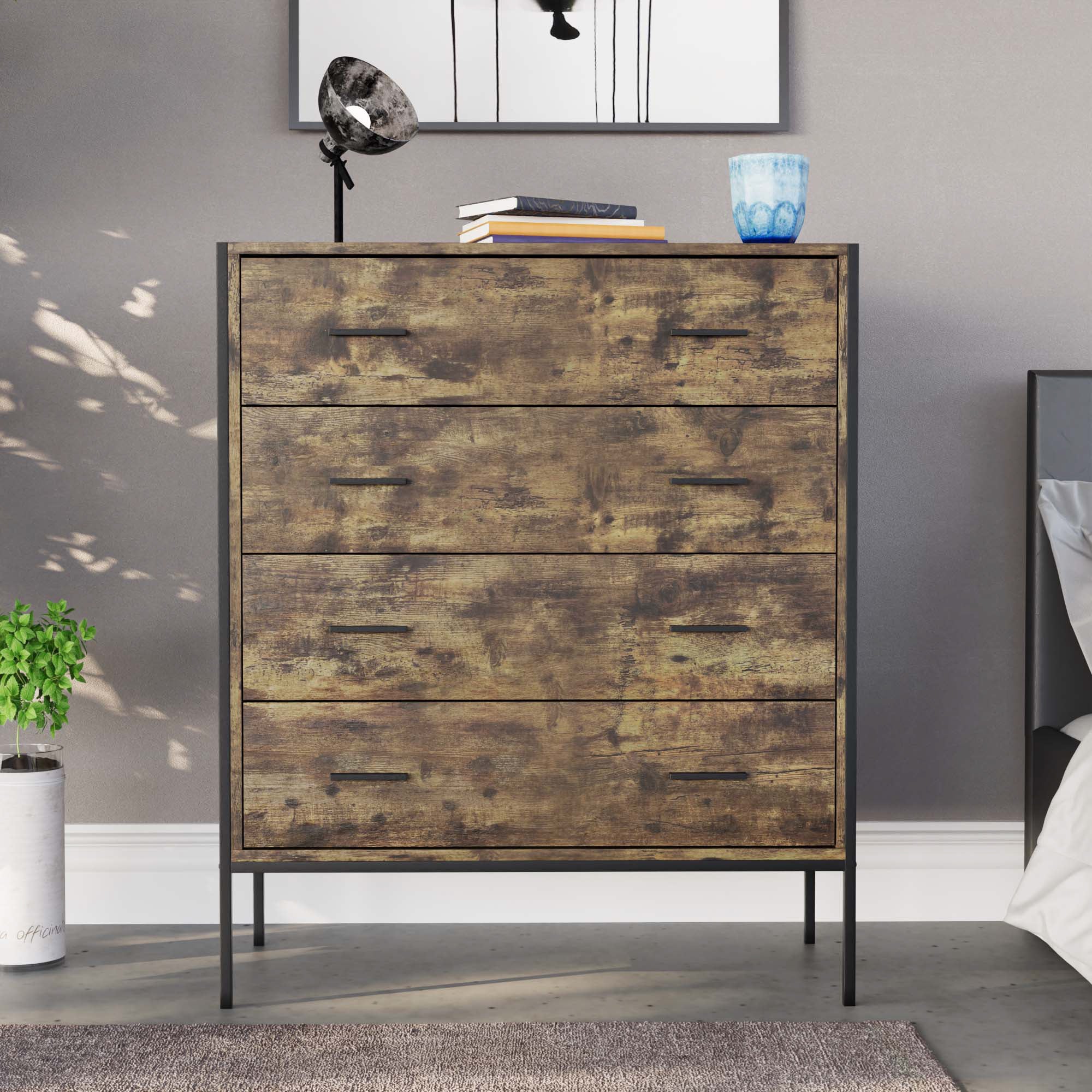 Brooklyn Kommode aus grauem Holz mit 4 Schubladen, Metallgriffen und -schienen – Schlafzimmermöbel - Image 5