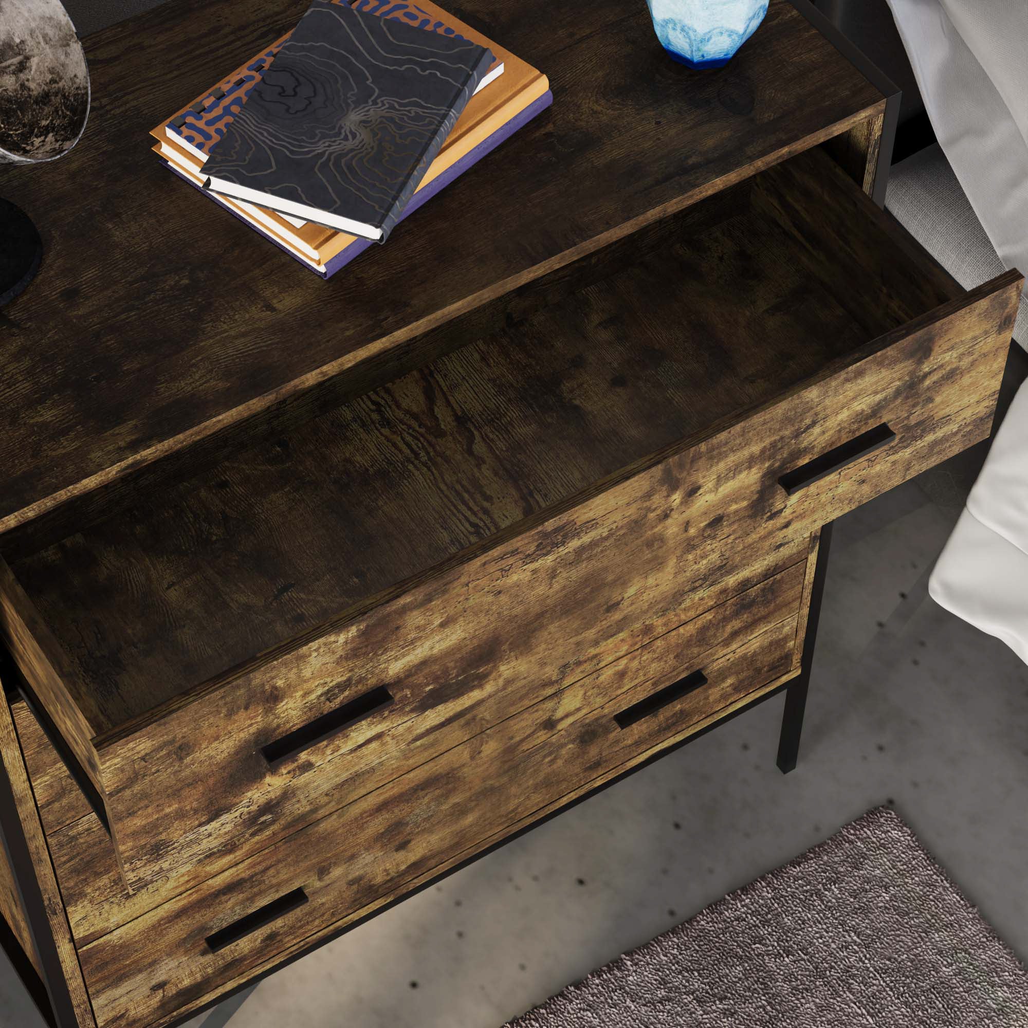 Brooklyn Kommode aus grauem Holz mit 4 Schubladen, Metallgriffen und -schienen – Schlafzimmermöbel - Image 7