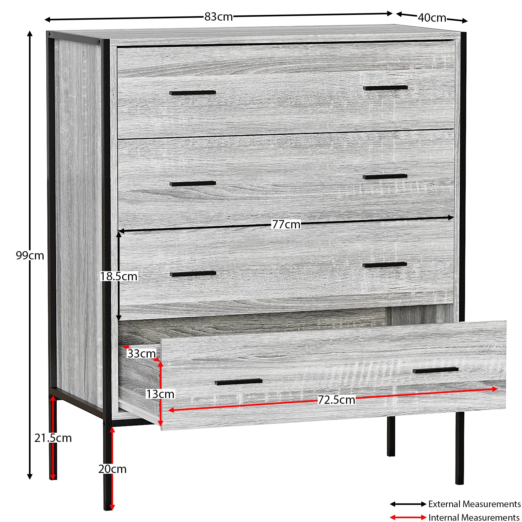 Brooklyn Kommode aus grauem Holz mit 4 Schubladen, Metallgriffen und -schienen – Schlafzimmermöbel - Image 8