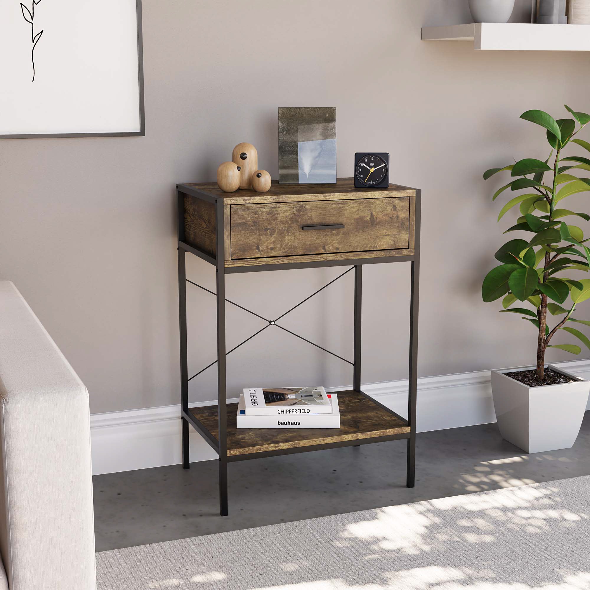 Brooklyn Konsolentisch in Dunkles Holz mit 1 Schublade und Ablageboden – Wohnzimmer & Flurmöbel