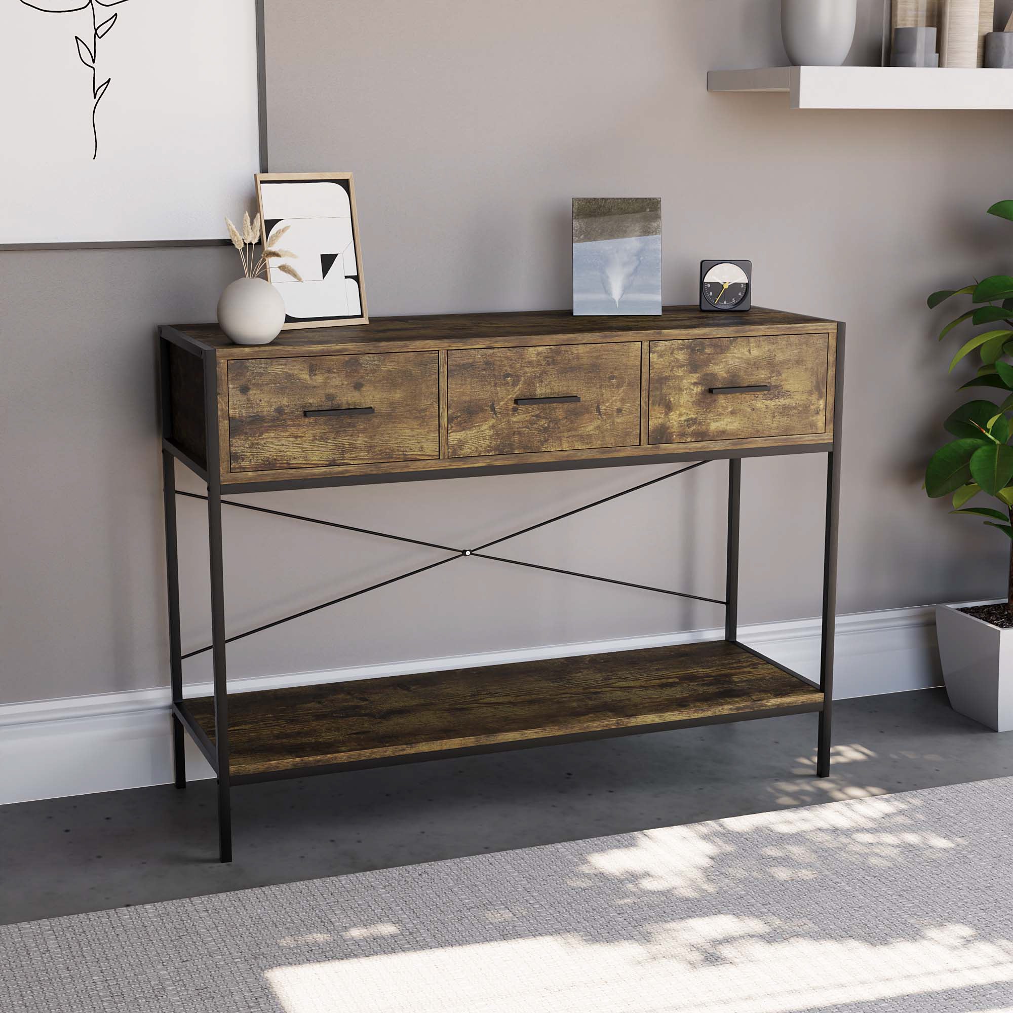 Brooklyn Konsolentisch in Grauem Holz mit 3 Schubladen und Ablageboden – Wohnzimmer & Flurmöbel