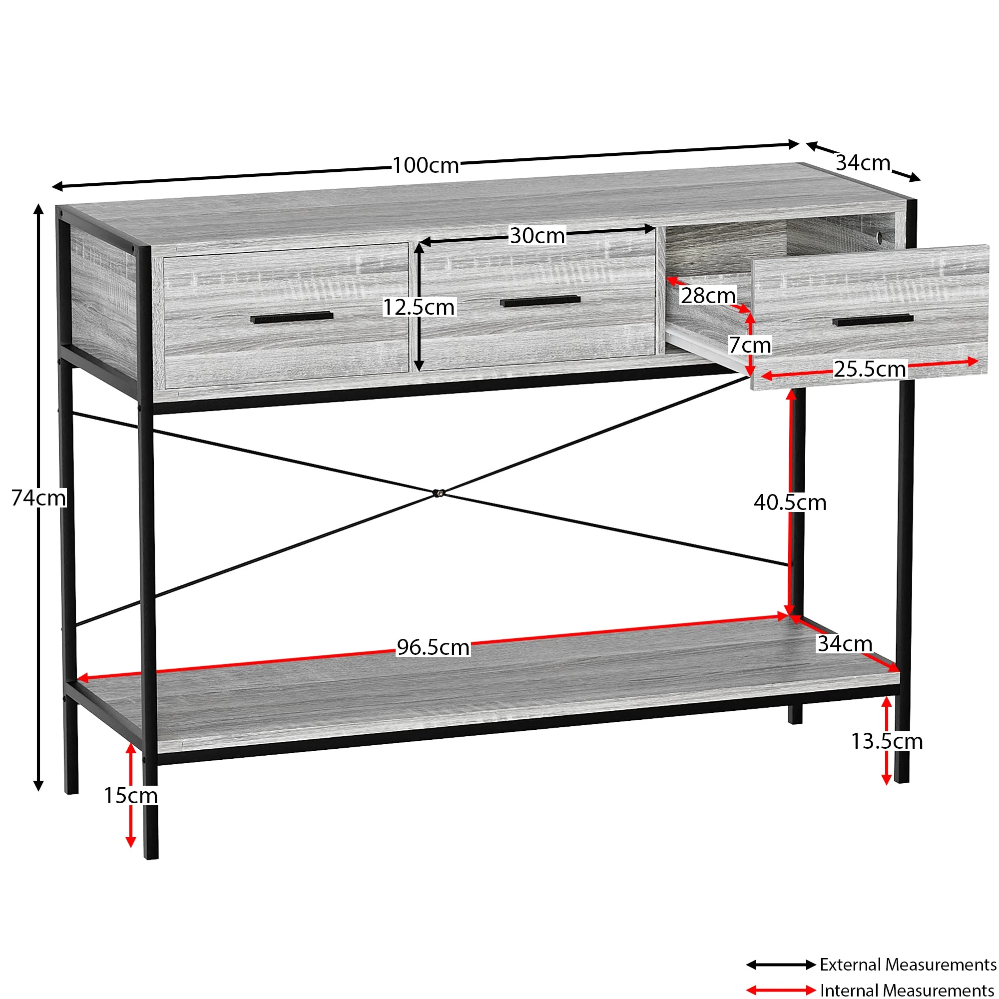 Brooklyn Konsolentisch in Grauem Holz mit 3 Schubladen und Ablageboden – Wohnzimmer & Flurmöbel - Image 8