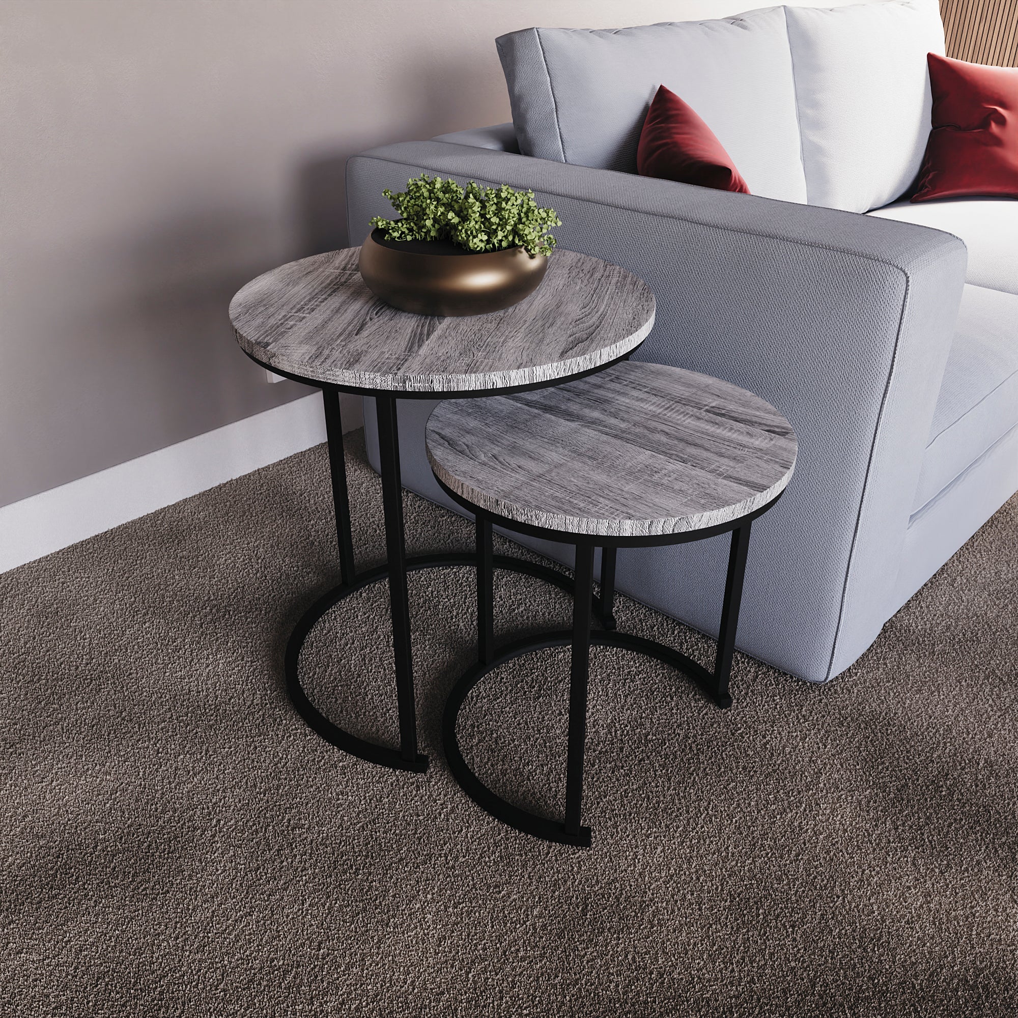 Brooklyn Satztisch-Set aus Grauem Holz – 2 Runde Stapeltische für Sofa, Beistell- oder Couchtisch - Image 16