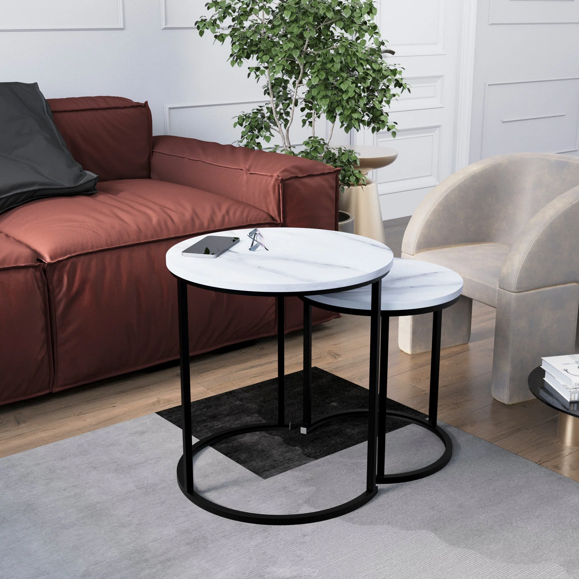 Brooklyn Satztisch-Set aus Grauem Holz – 2 Runde Stapeltische für Sofa, Beistell- oder Couchtisch - Image 19