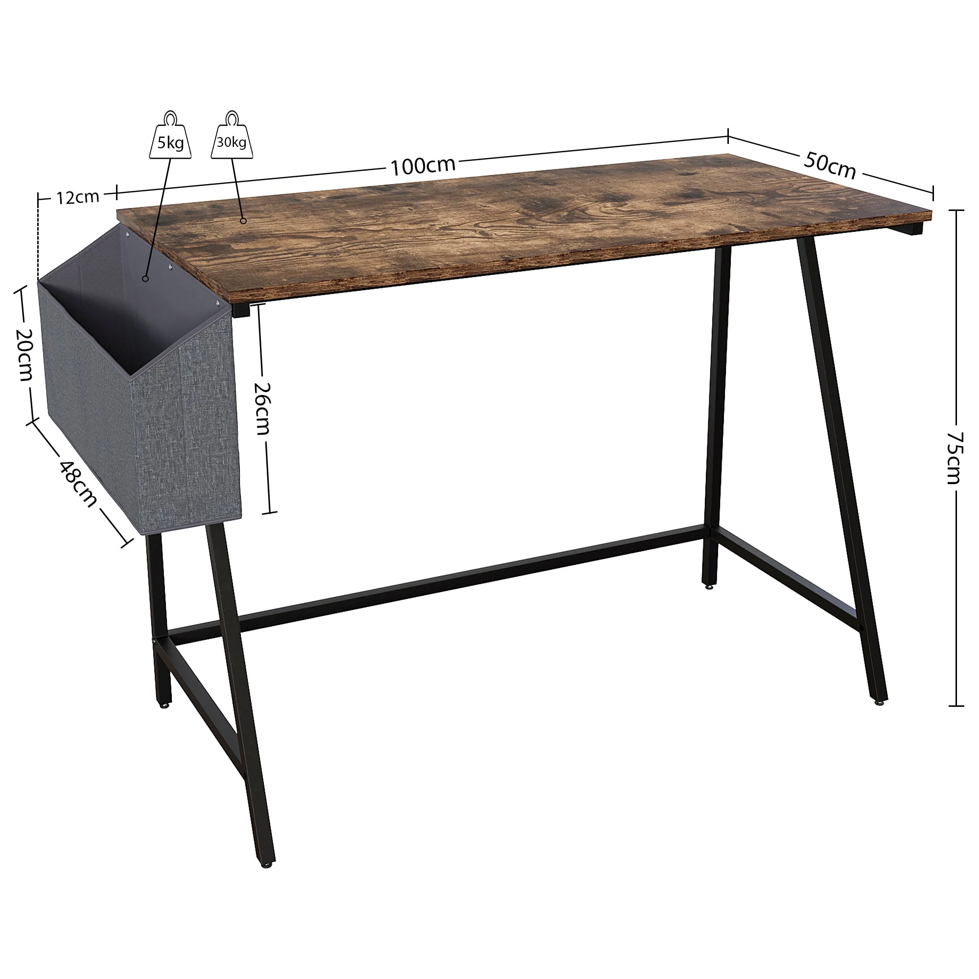 Brooklyn Schreibtisch – Grauem Holz – 112 cm – Mit Korbaufbewahrung – Kleiner Computertisch - Image 3