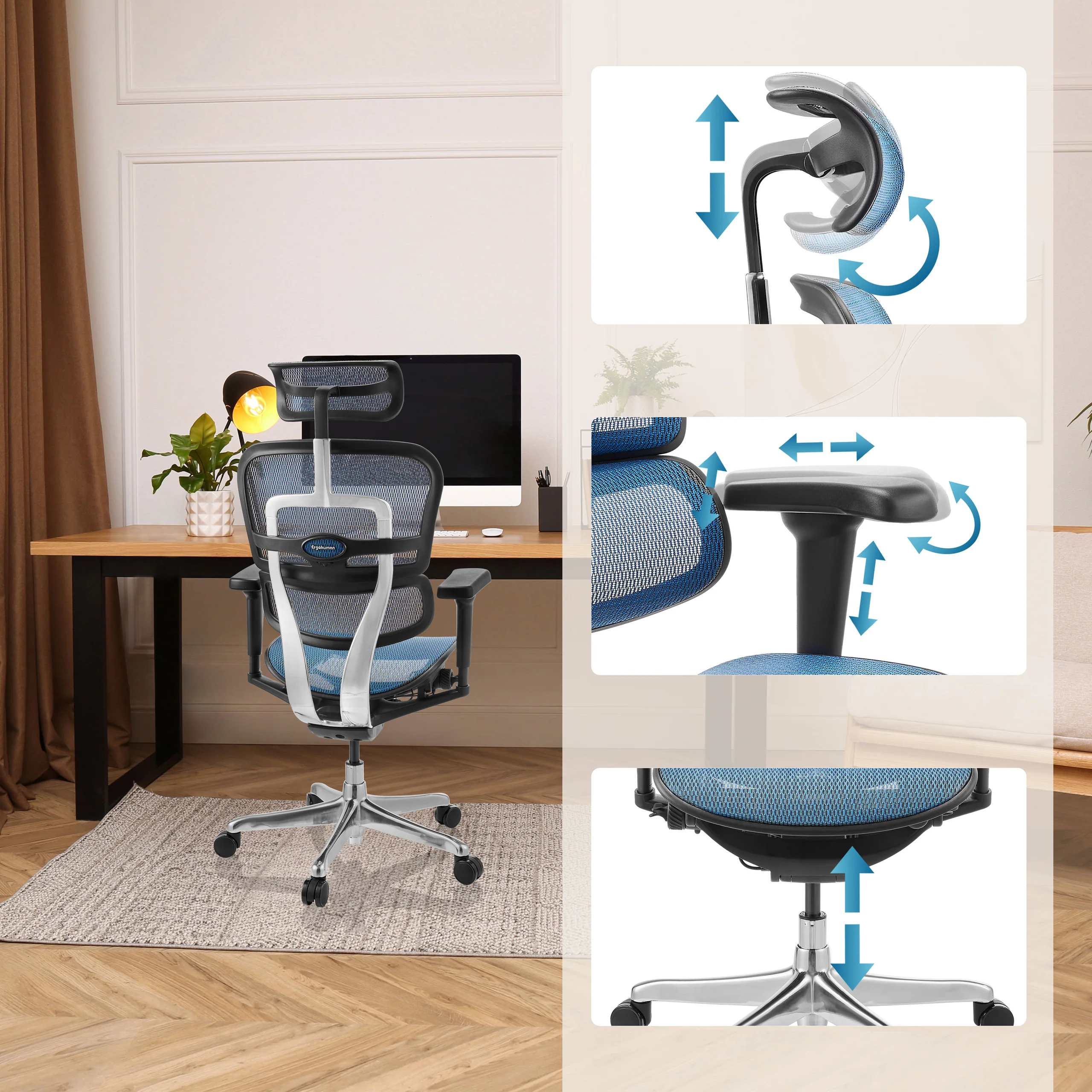 Bürostuhl / Chefsessel ERGOHUMAN ULTRA GEN2 Netzstoff blau hjh OFFICE - Image 7