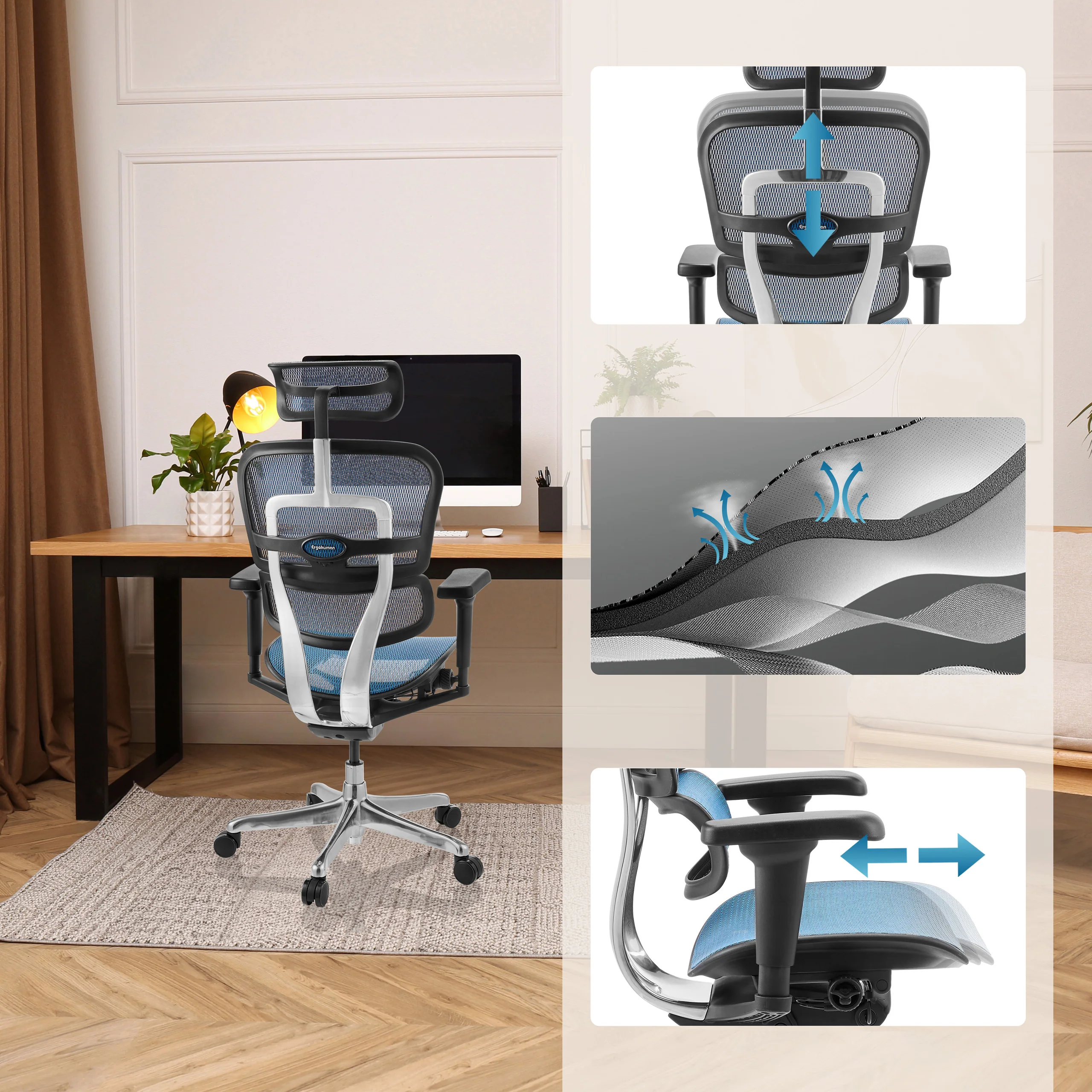 Bürostuhl / Chefsessel ERGOHUMAN ULTRA GEN2 Netzstoff blau hjh OFFICE - Image 8