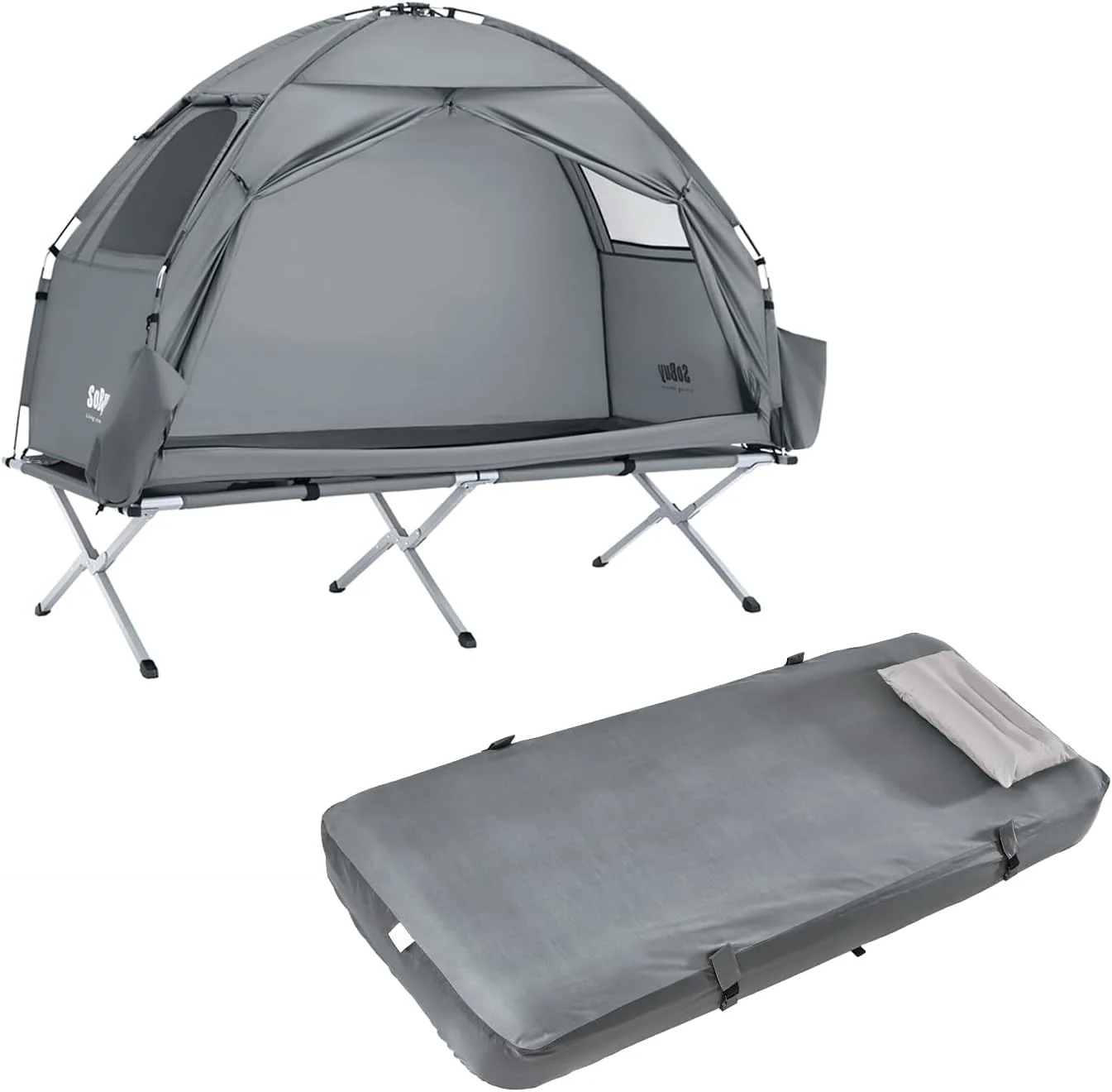 Campingzelt mit Bettgestell und Luftmatratze Light Gray 193.5x86x160cm Funktional OGS32-II-HG-TP - Image 3