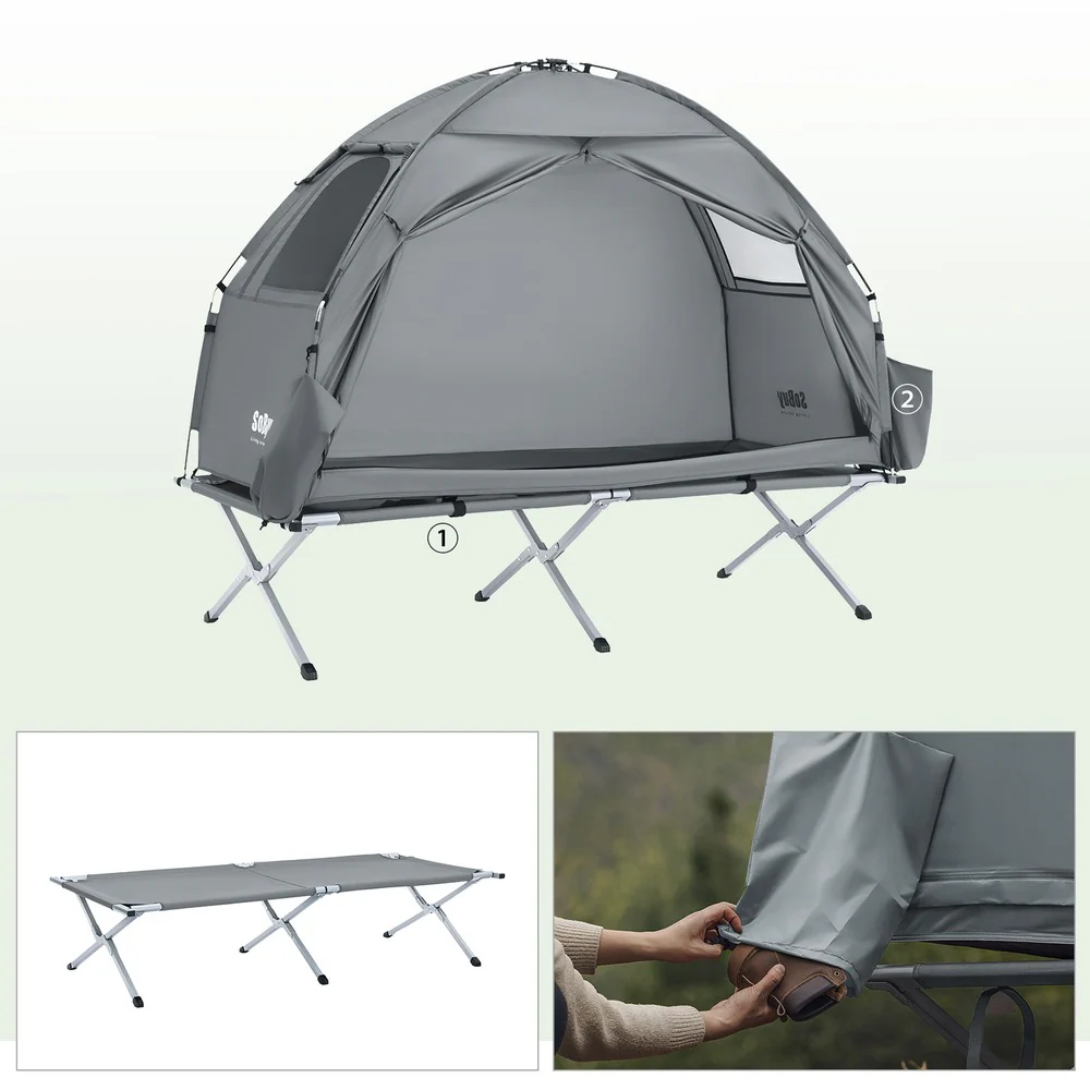 Campingzelt mit Bettgestell und Luftmatratze Light Gray 193.5x86x160cm Funktional OGS32-II-HG-TP - Image 8