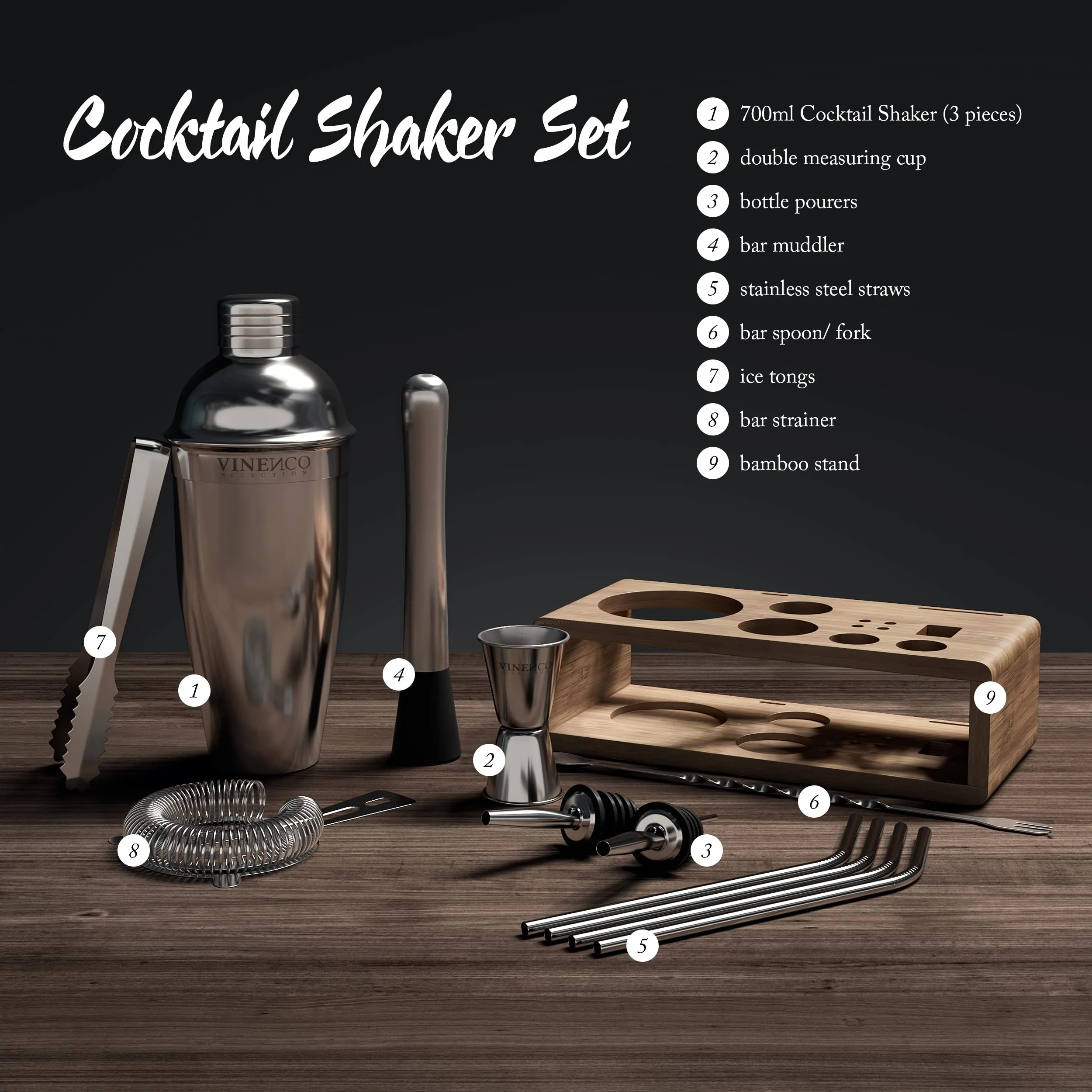 Cocktail Shaker Set mit Ständer & Rezeptbuch: Premium Edelstahl Bar Cocktailset - Image 4