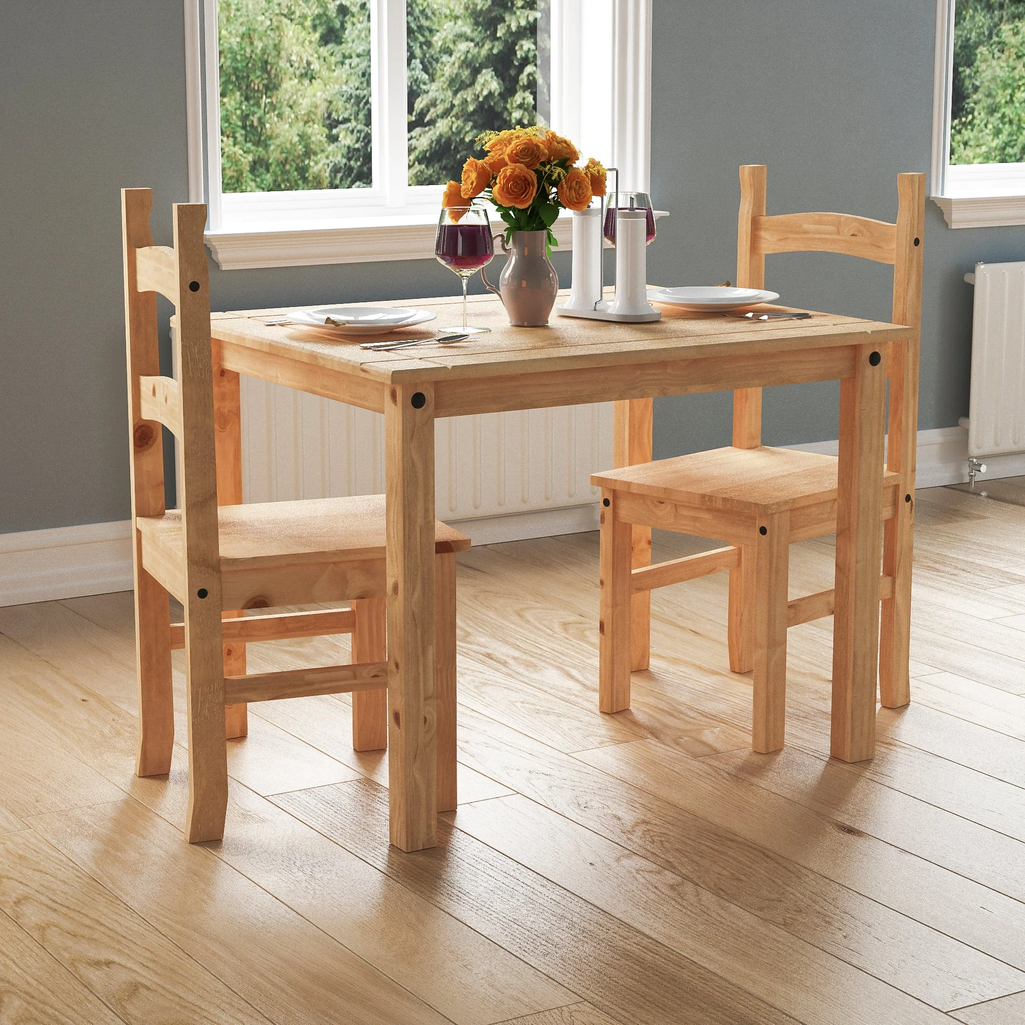 Corona Essgruppe aus massivem Kiefernholz – 2-Sitzer Esstisch mit Stühlen – Tisch- & Stuhlset
