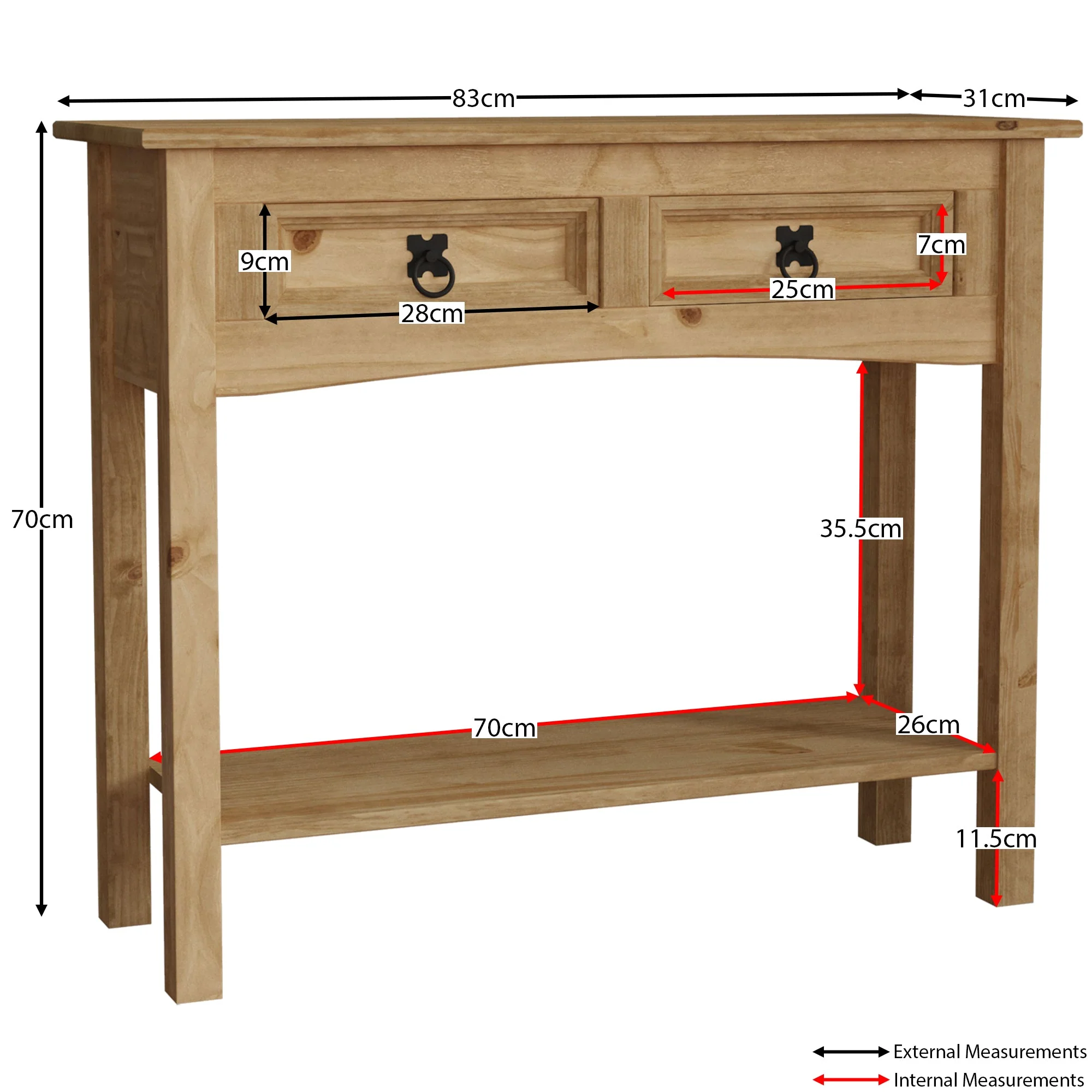 Corona Konsolentisch aus Massivholz mit 2 Schubladen und Ablageboden – Wohnzimmer & Flurmöbel - Image 2