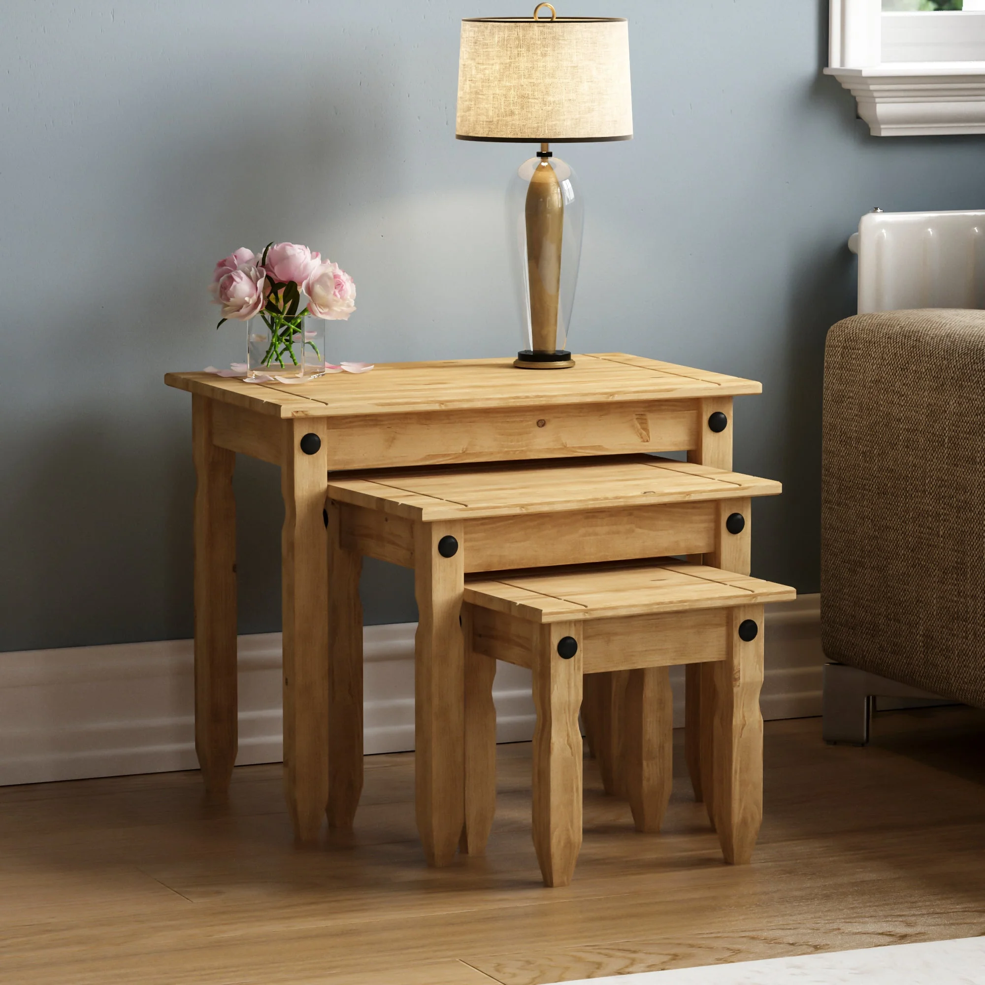 Corona Satztisch-Set aus Massivholz – 3 Stapeltische für Sofa, Beistell- oder Couchtisch