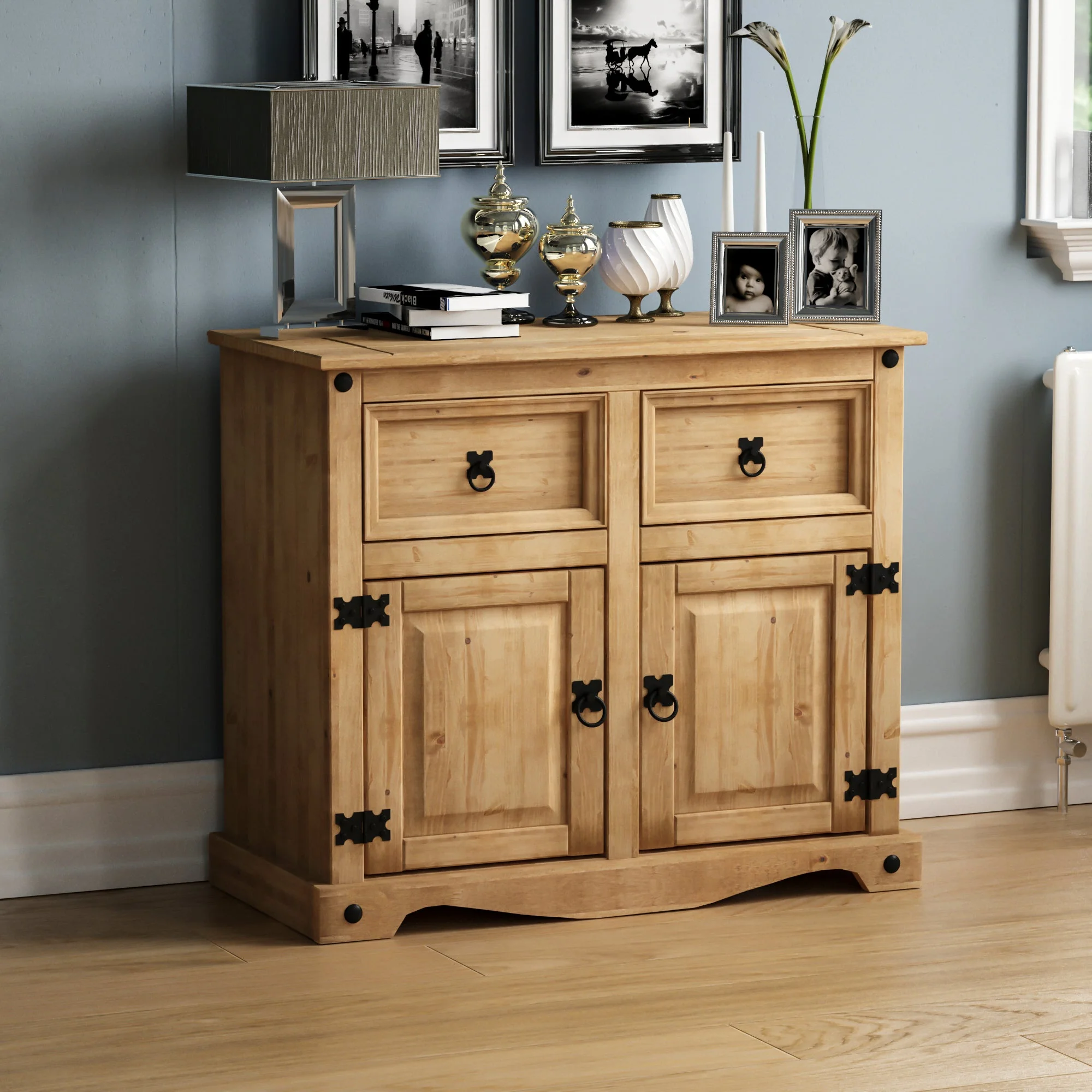 Corona Sideboard aus Massivholz – 2 Türen, 2 Schubladen – Buffet, Anrichte, Aufbewahrungsschrank