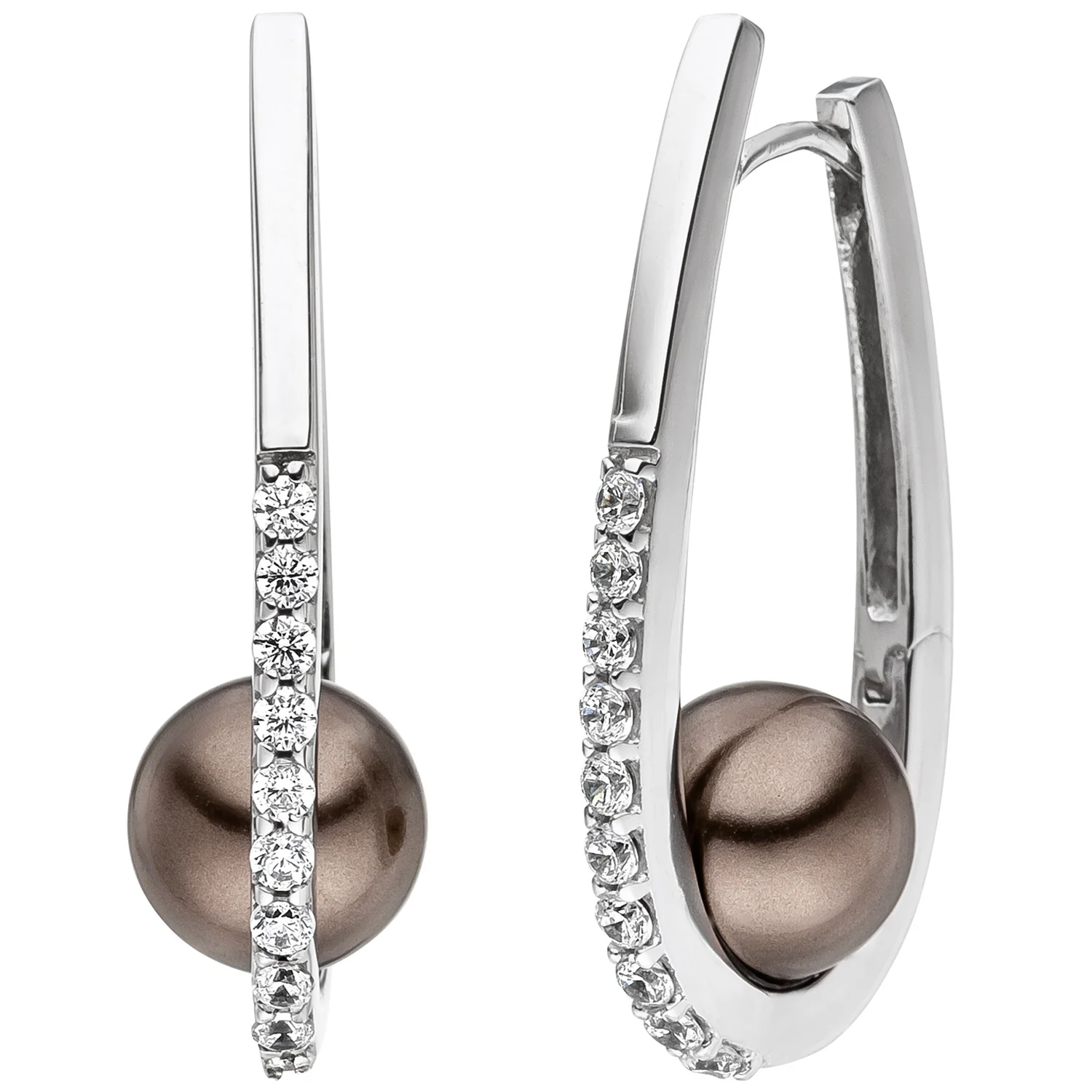 Creolen 925 Sterling Silber 2 Perlen braun 20 Zirkonia Ohrringe Perlenohrringe
