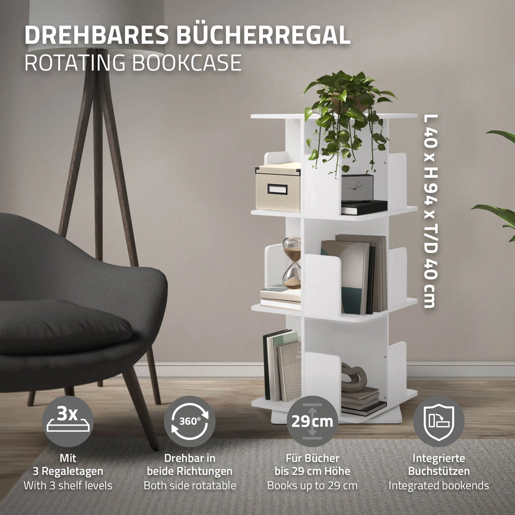 Drehbares Bücherregal Kinder, 12 Fächer, 40x94x40 cm, freistehend, 360 Grad Drehung - Image 27