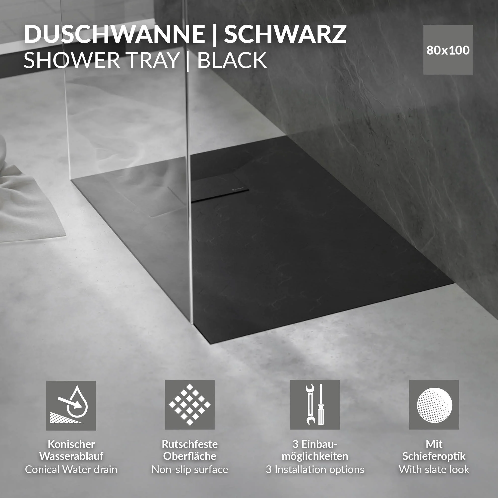 Duschwanne, Extra flache und robuste SMC, Höhe 30 mm, Anti-Rutsch-Oberfläche, Schieferoptik - Image 94