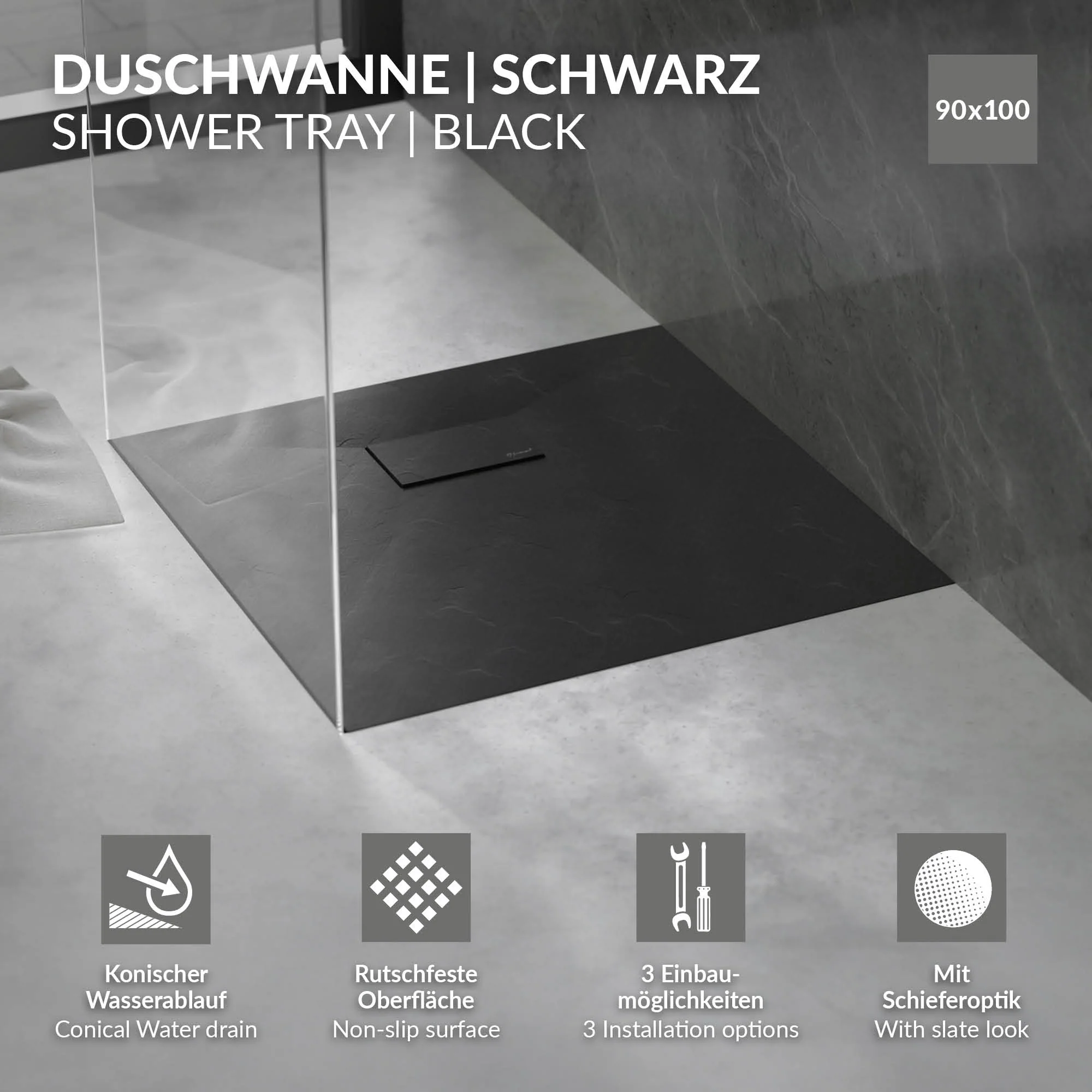 Duschwanne mit Ablaufgarnitur, Extra flache und robuste SMC, H:30 mm, Rutschfest, Schieferoptik - Image 36