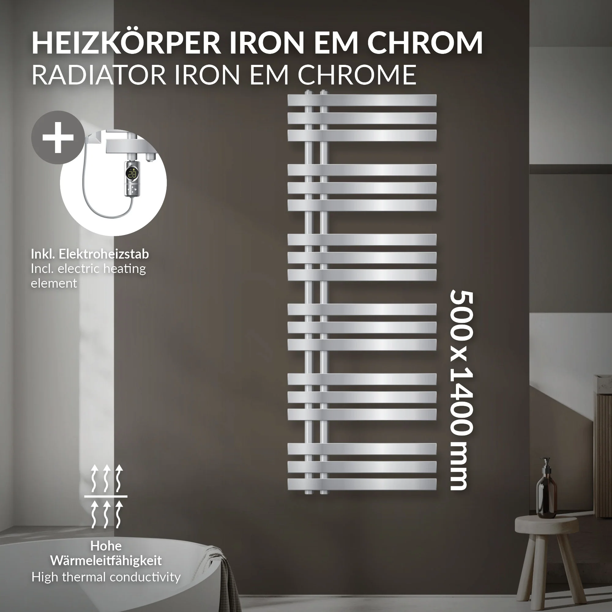 Elektrischer Badheizkörper Iron EM mit Heizstab 1200W Digital und Thermostat - Image 2