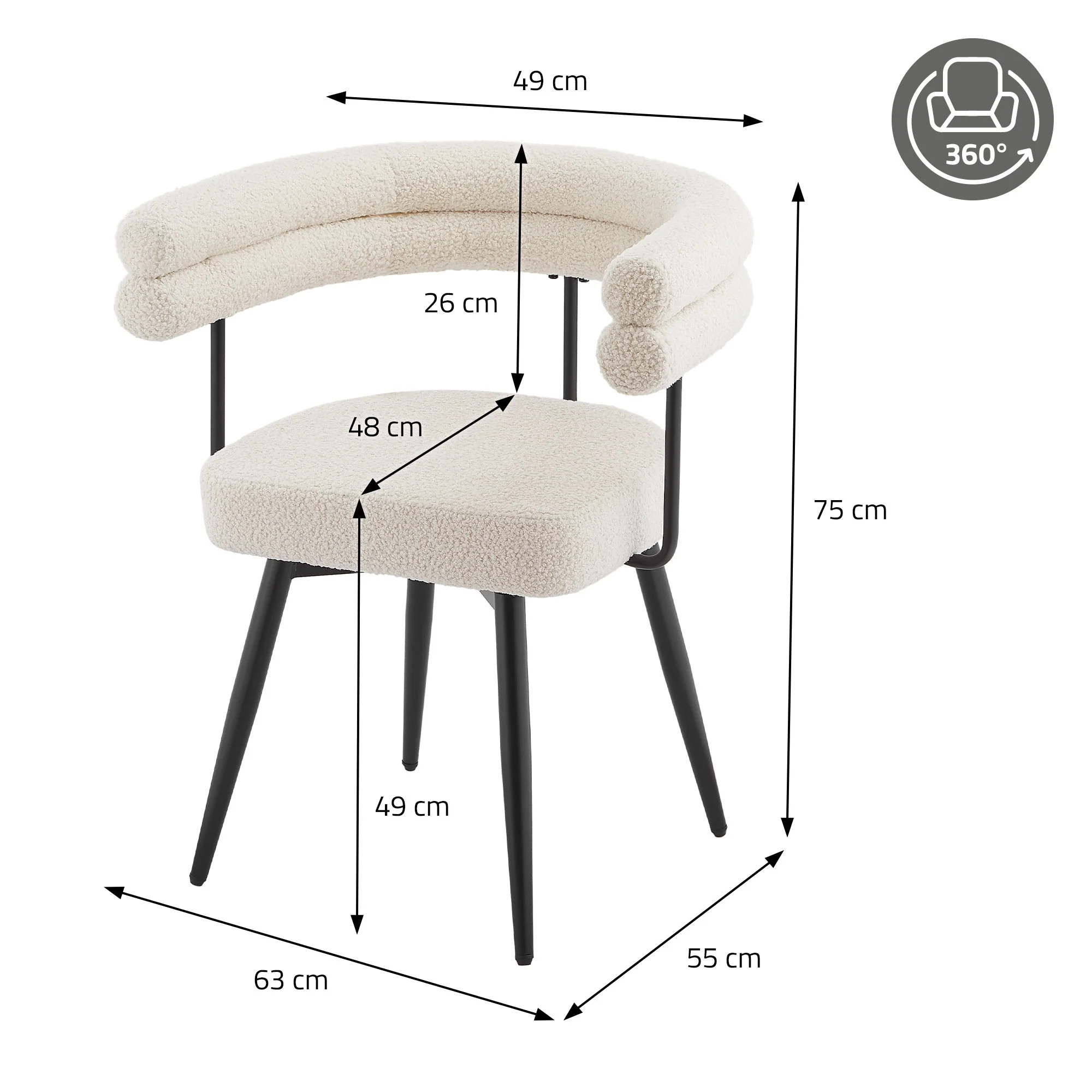 Esszimmerstühle mit Arm- und Rückenlehnen, 360° drehbar, Teddy-Stoff, mit Metallbeinen - Image 143