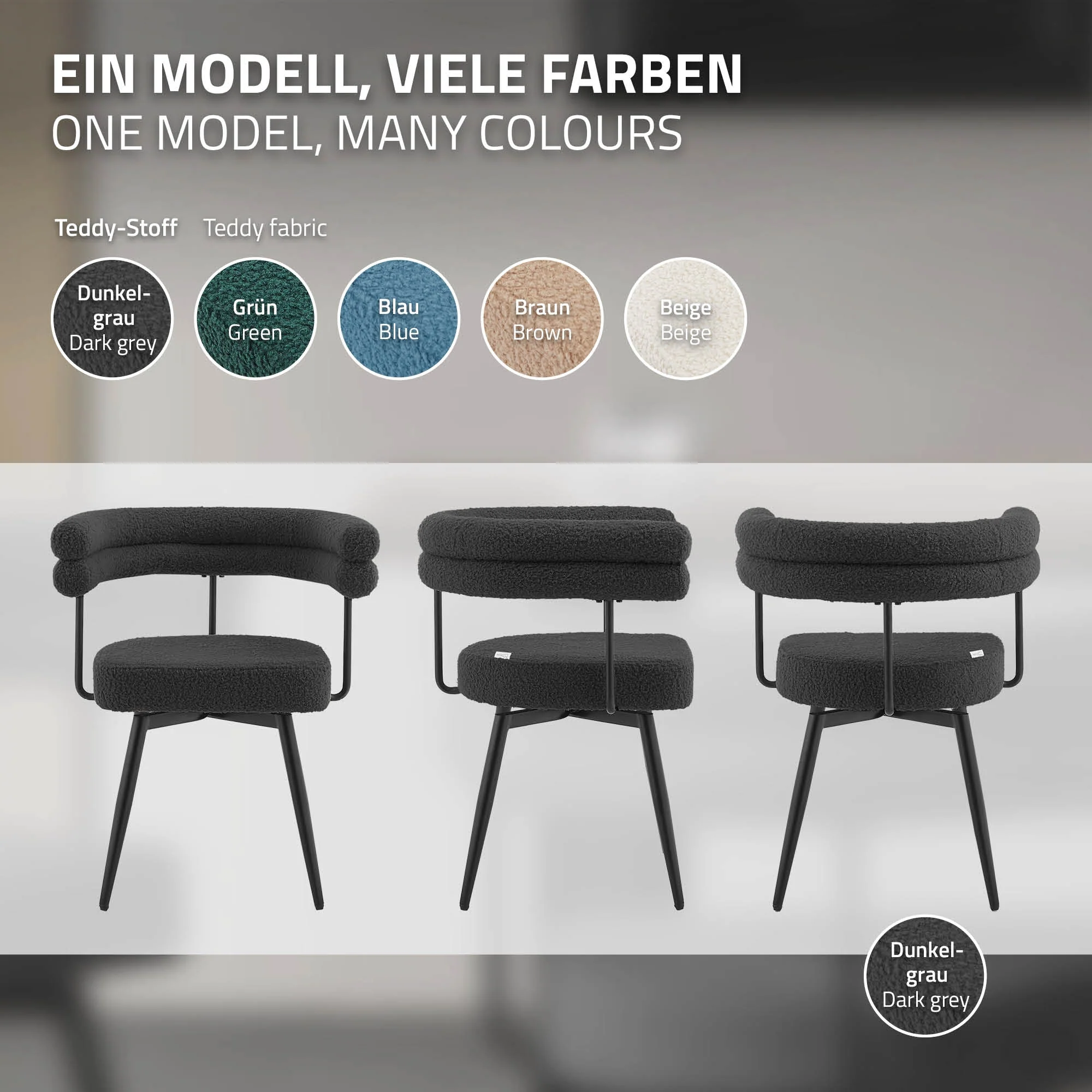 Esszimmerstühle mit Arm- und Rückenlehnen, 360° drehbar, Teddy-Stoff, mit Metallbeinen - Image 41