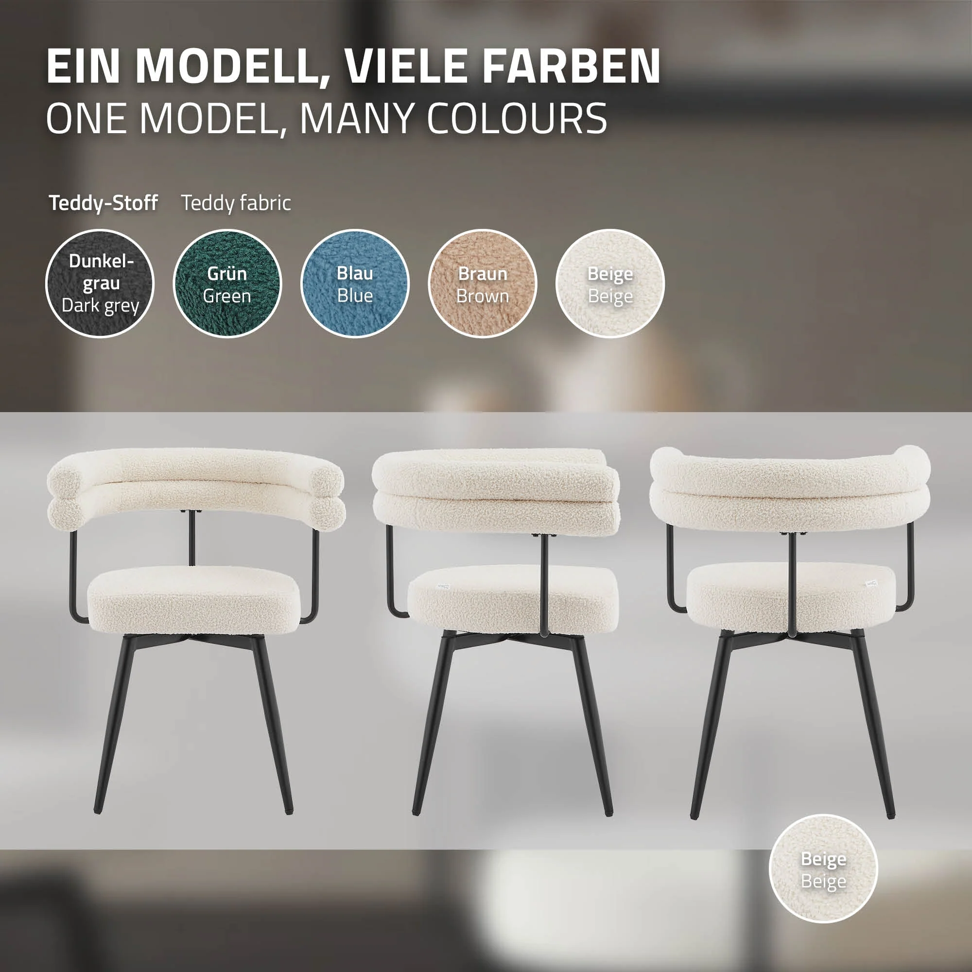 Esszimmerstühle mit Arm- und Rückenlehnen, 360° drehbar, Teddy-Stoff, mit Metallbeinen - Image 47