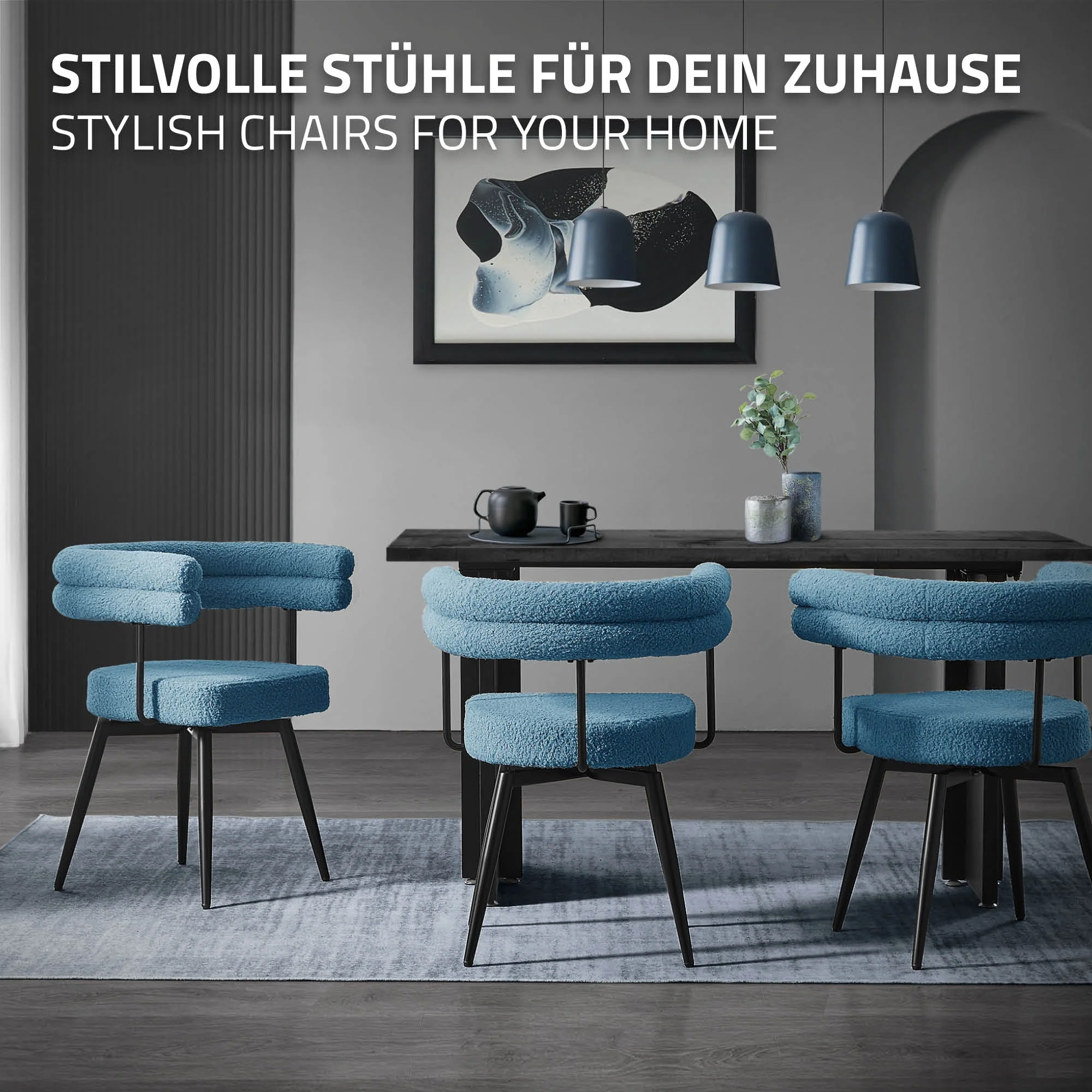 Esszimmerstühle mit Arm- und Rückenlehnen, 360° drehbar, Teddy-Stoff, mit Metallbeinen - Image 87