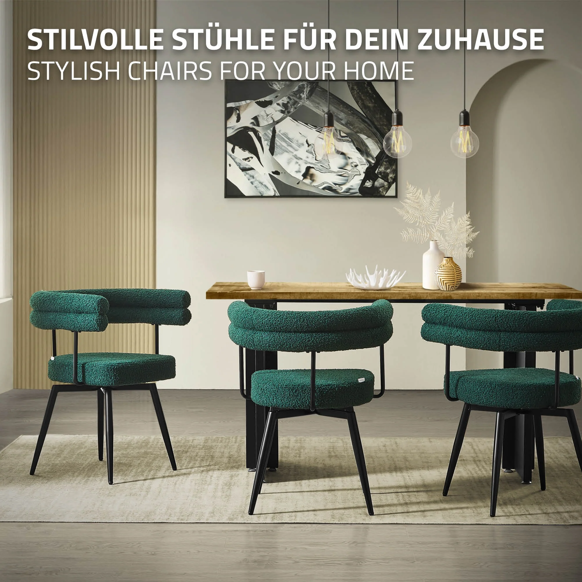 Esszimmerstühle mit Arm- und Rückenlehnen, 360° drehbar, Teddy-Stoff, mit Metallbeinen - Image 97